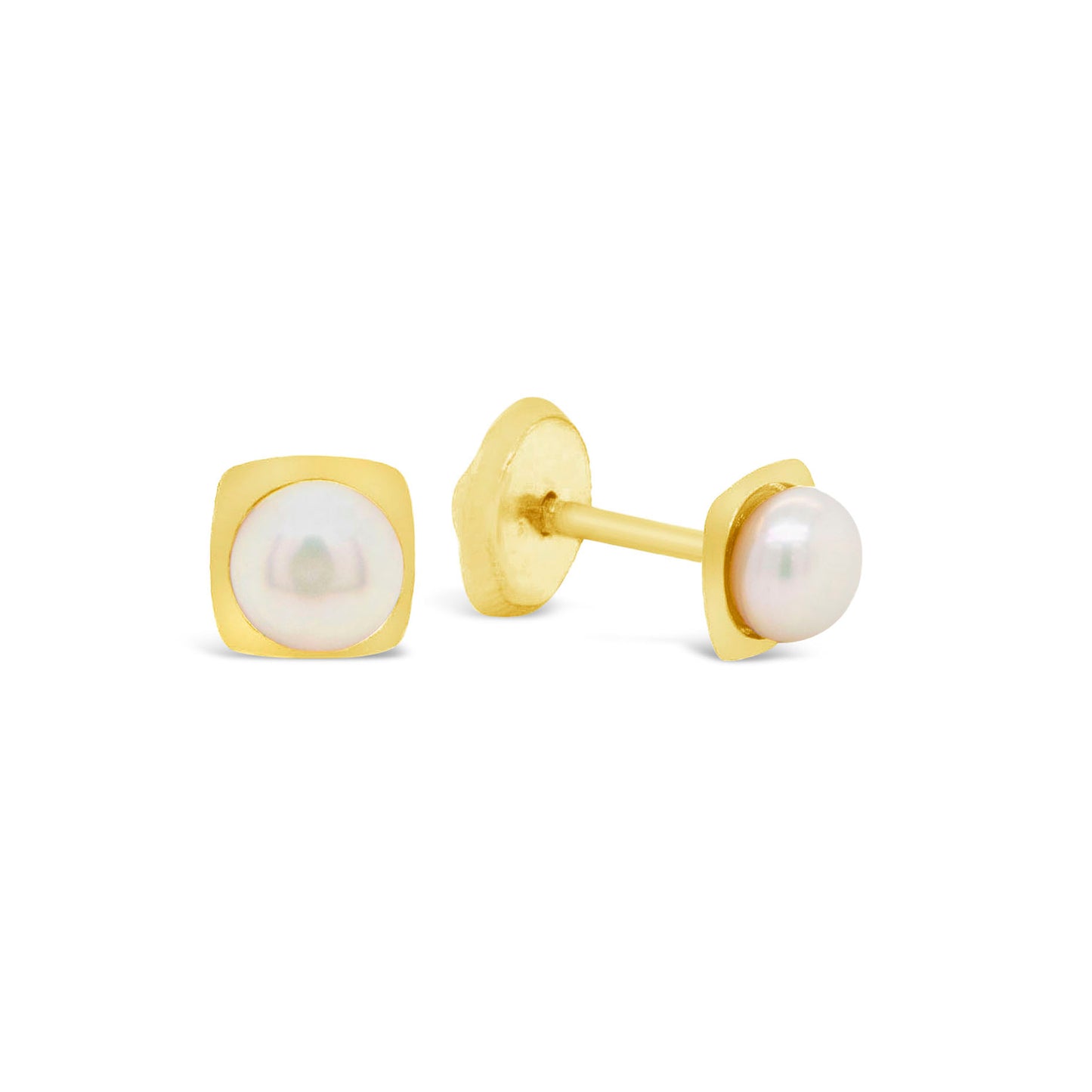 14K Yellow Gold Small Square with Pearl Center Screwback Earrings