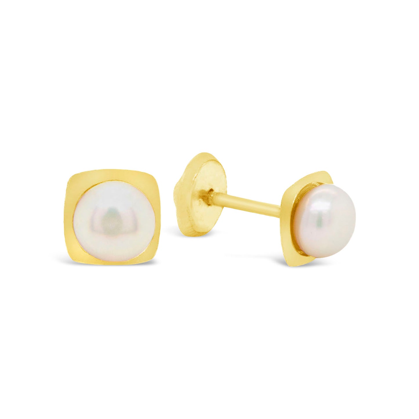 14K Yellow Gold Large Square with Pearl Center Pushback Earrings