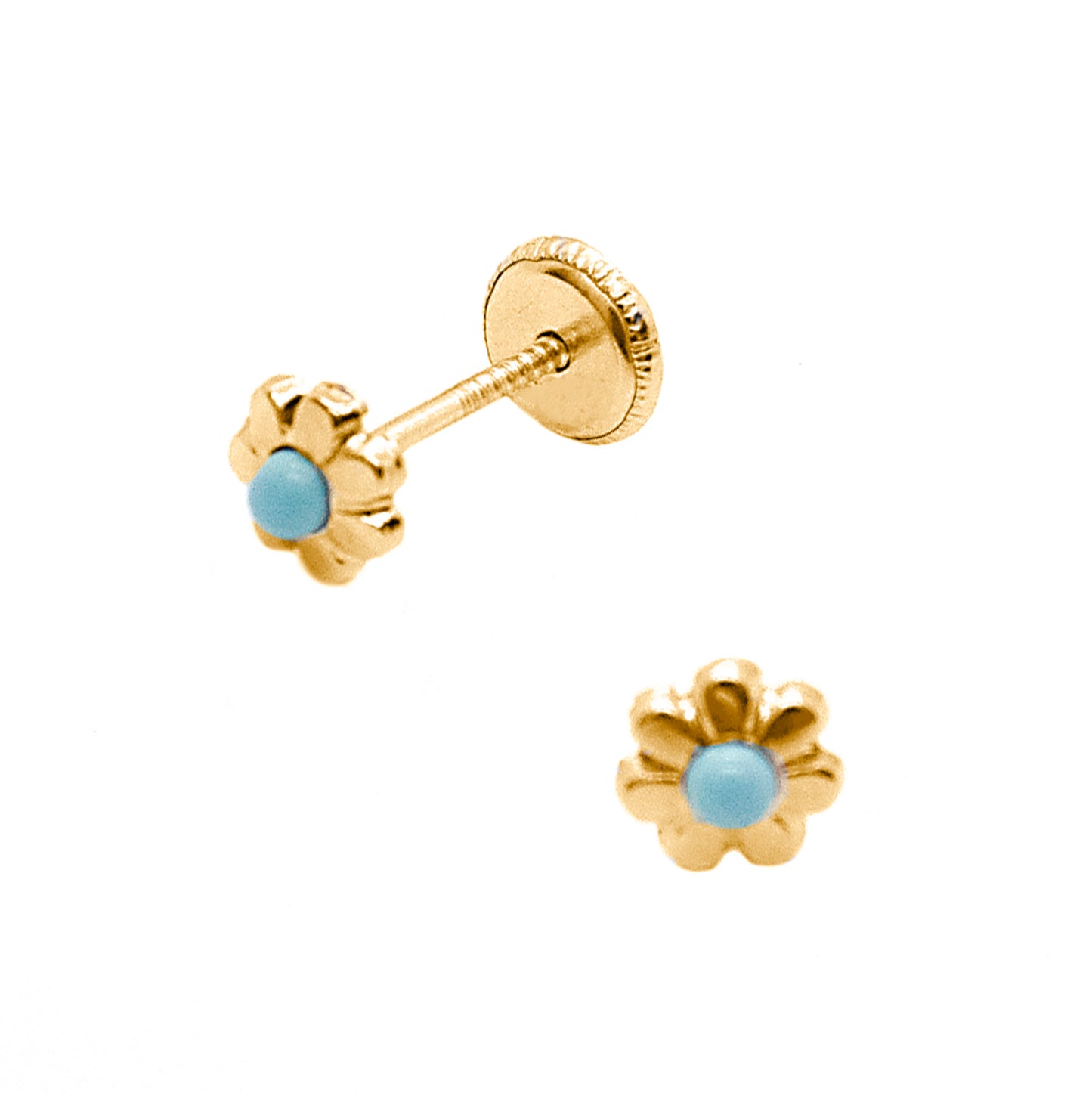 14K Yellow Gold Flower with Turquoise Center Screwback Earrings