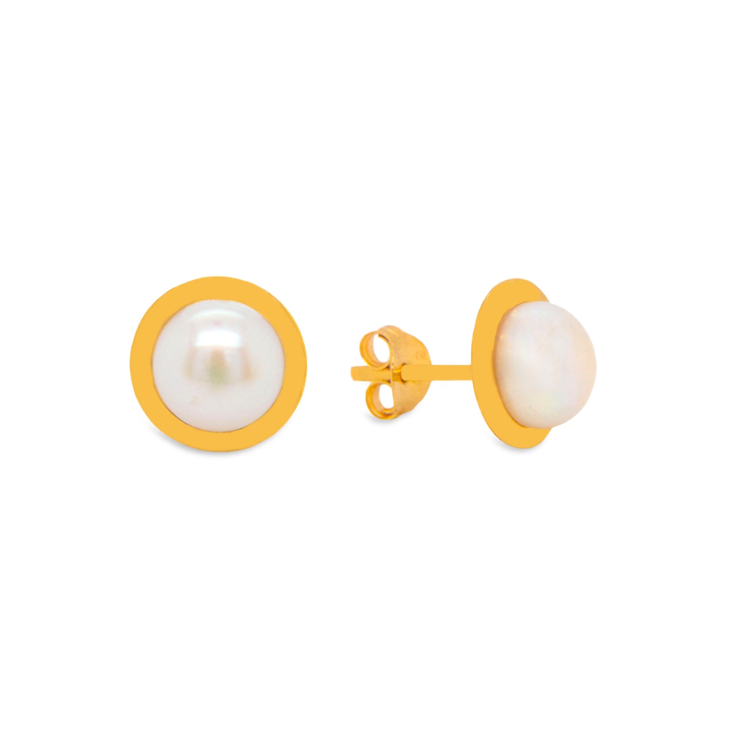14K Yellow Gold Small Bezel Pearl Pushback Earrings