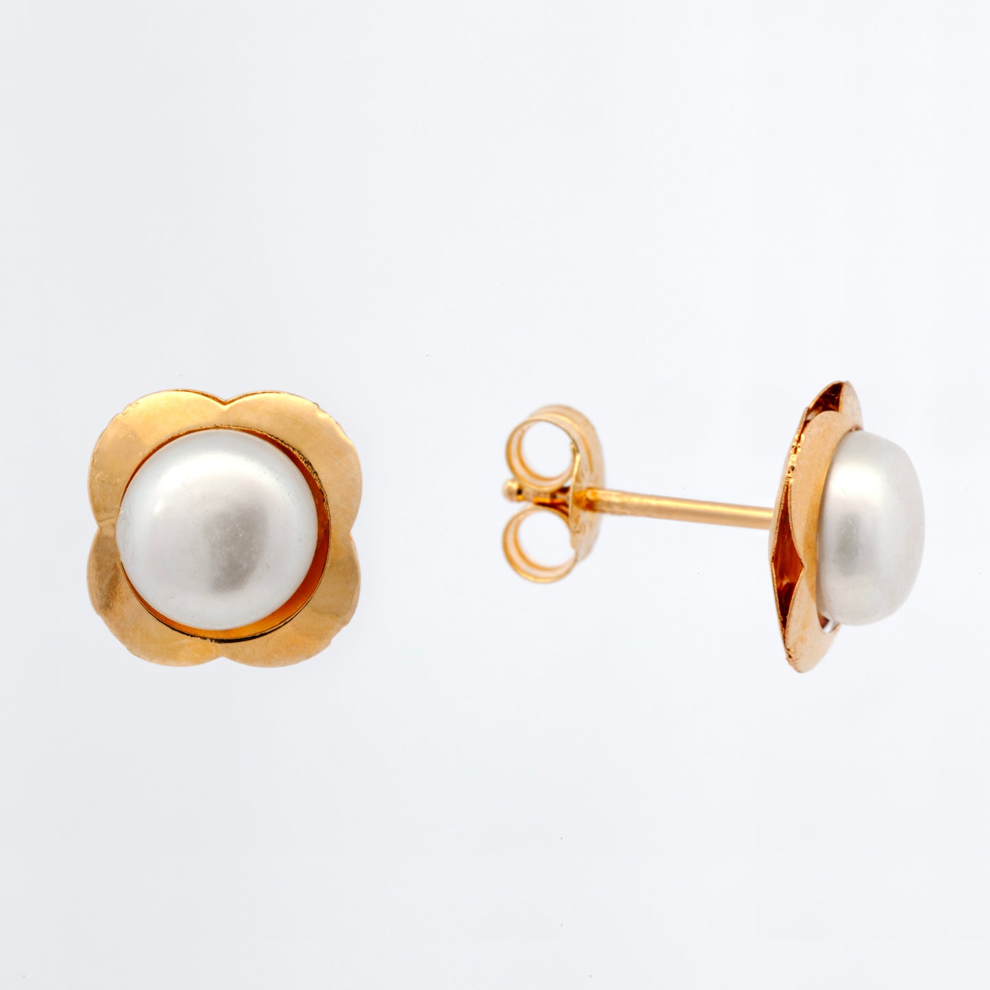 14K Yellow Gold Large Flower with Pearl Center Screback Earrings