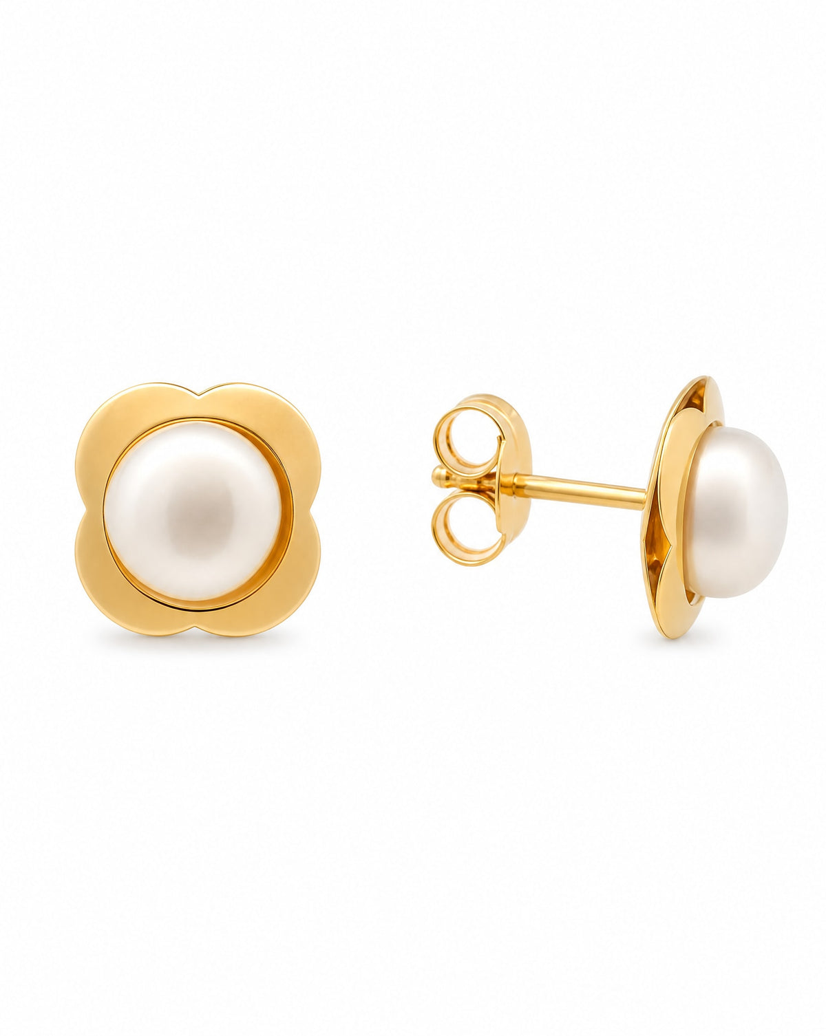 14K Yellow Gold Large Flower with Pearl Center Pushback Earrings