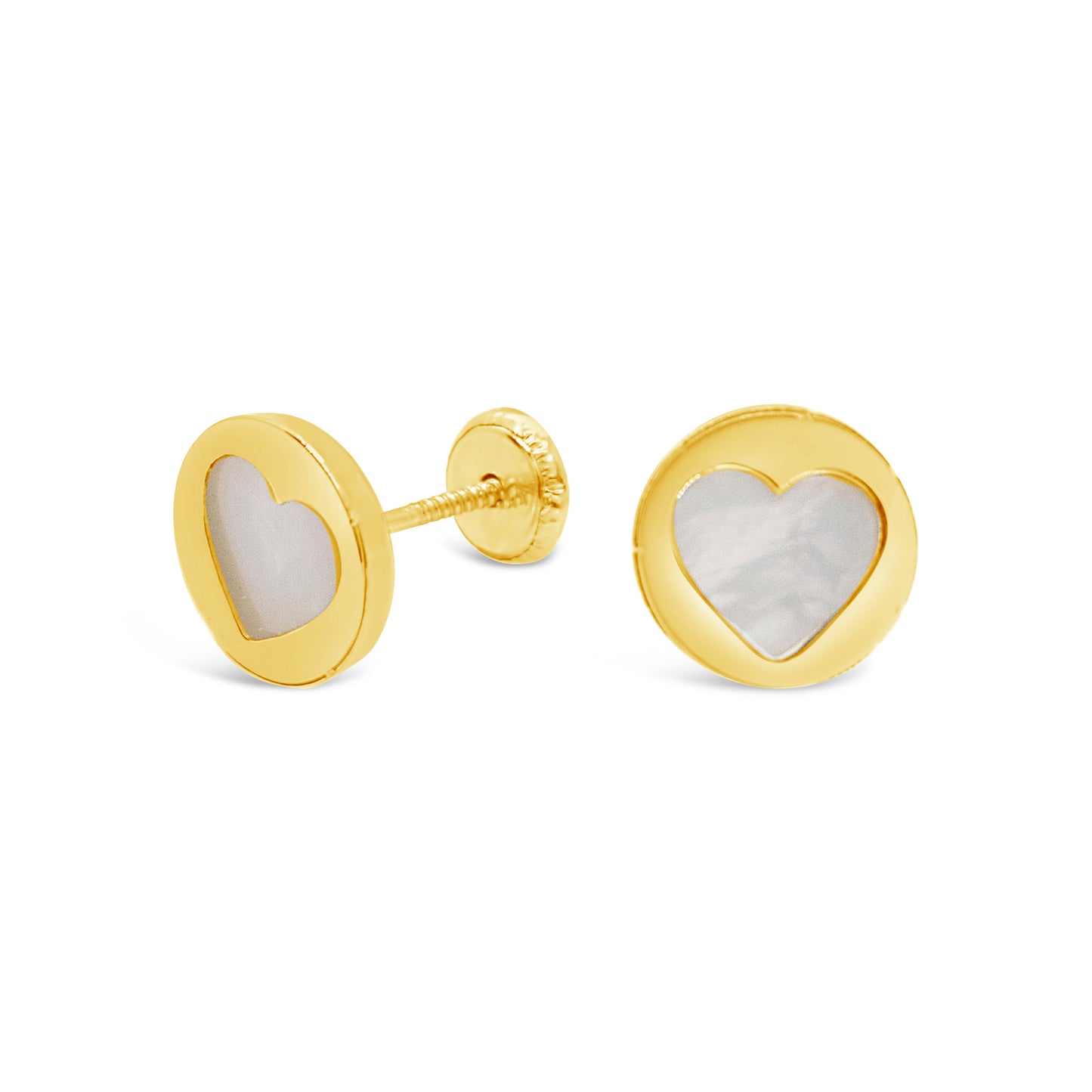 14K Yellow Gold Mother of Pearl Medium Round Heart Screwback Earrings