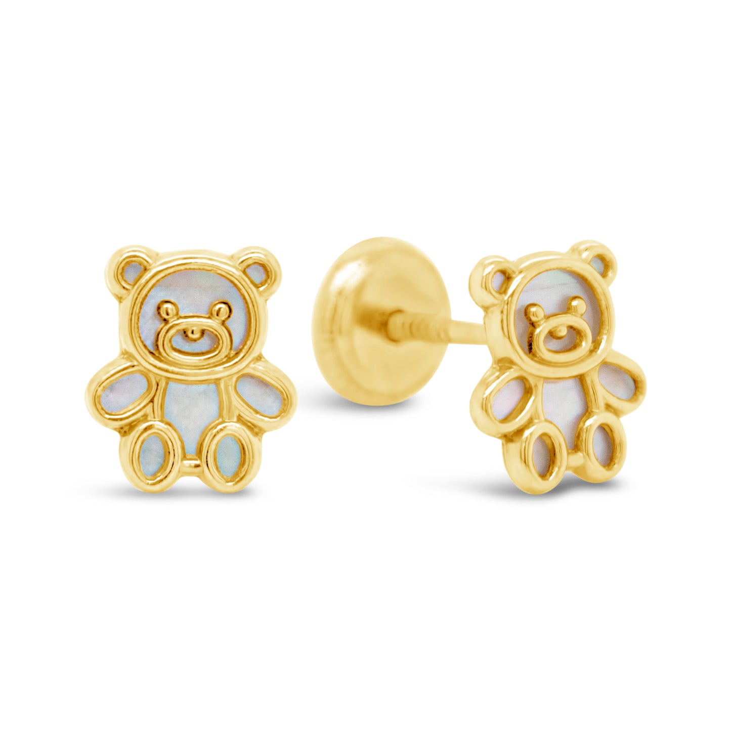 14K Yellow Gold Mother of Pearl Detailed Baby Bear Screwback Earrings