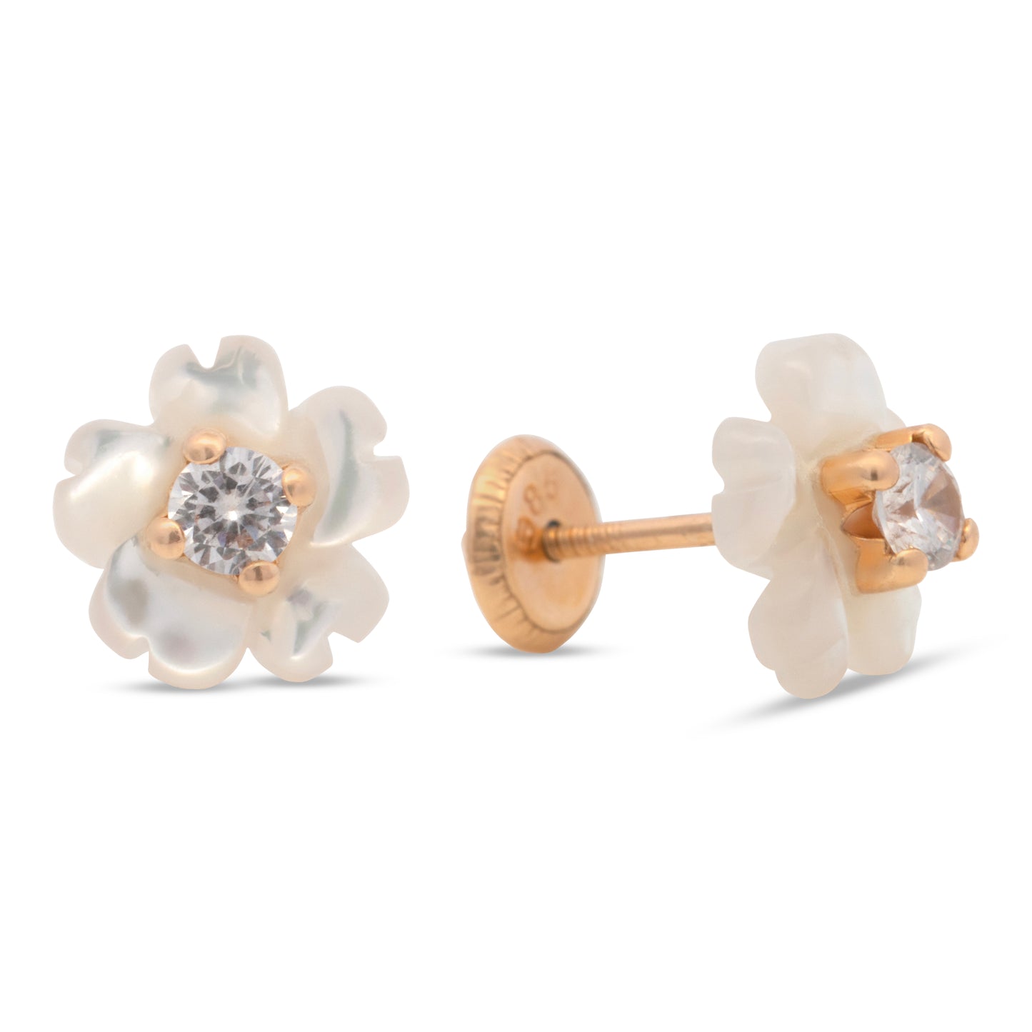 14K Yellow Gold Small Pearl Flower with CZ Center Screwback Earrings