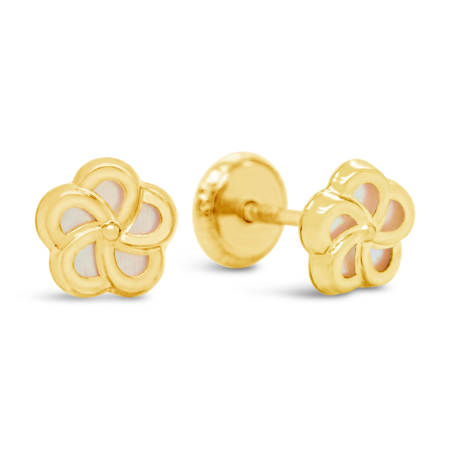 14K Yellow Gold Small Mother of Pearl Flower Screwback Earrings