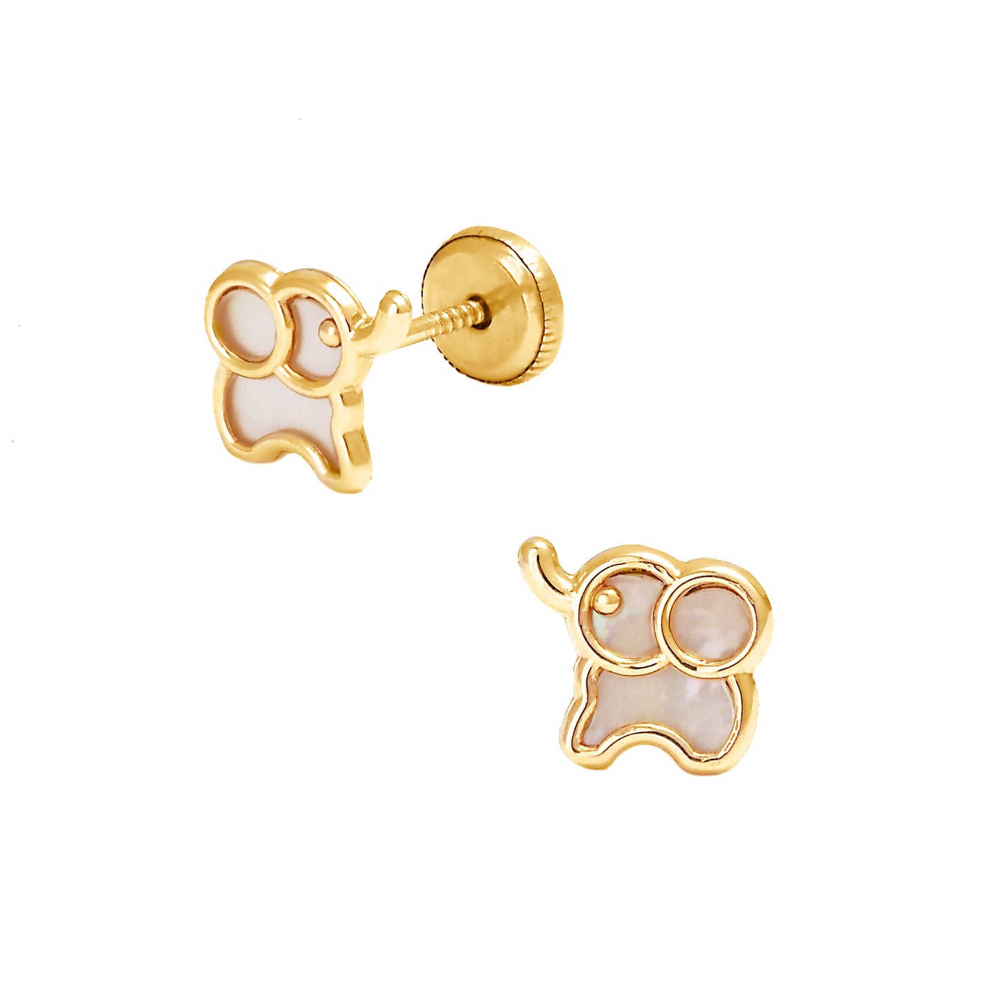 14K Yellow Gold Mother of Pearl Baby Elephant Screwback Earrings