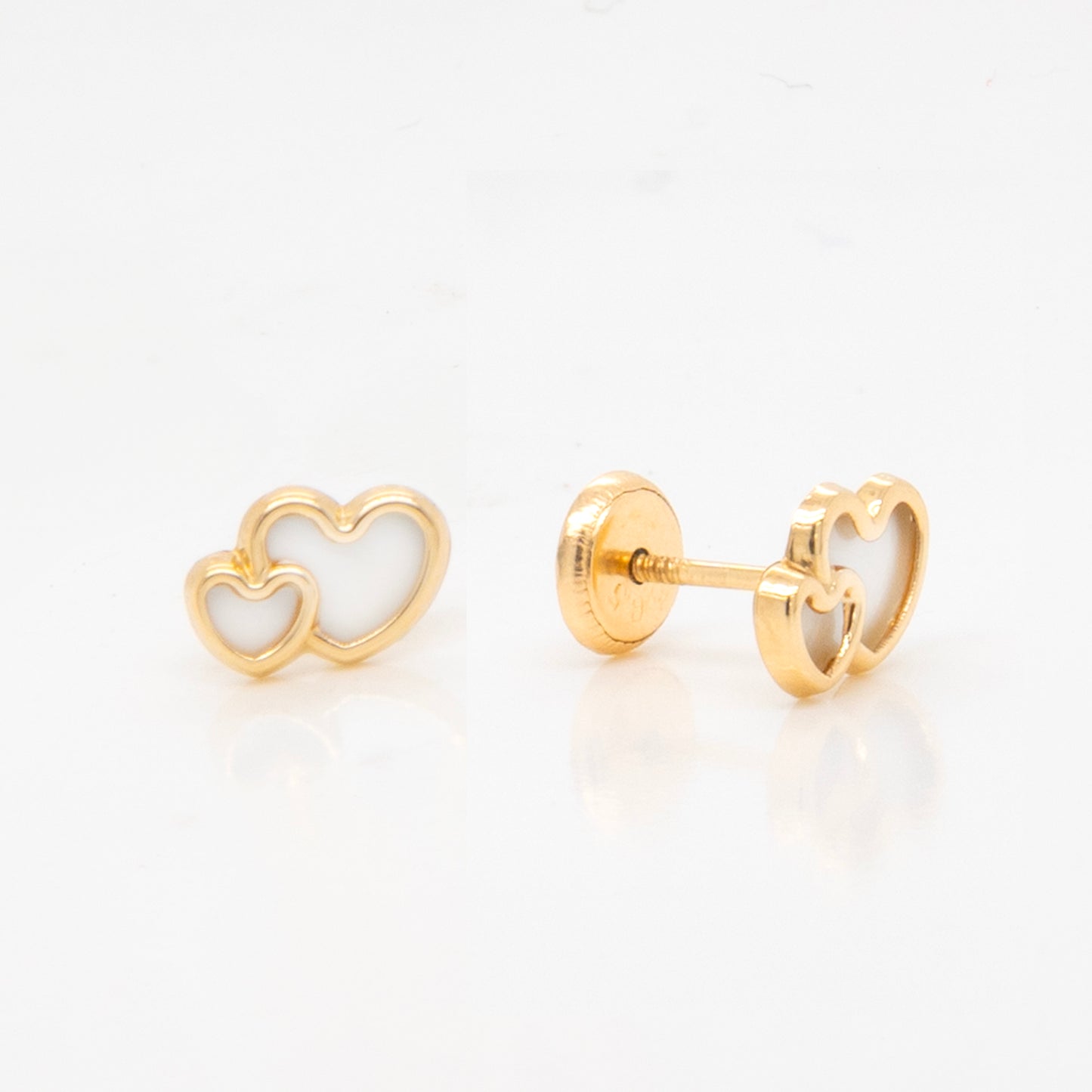14K Yellow Gold Mother of Pearl Double Hearts Screwback Earrings