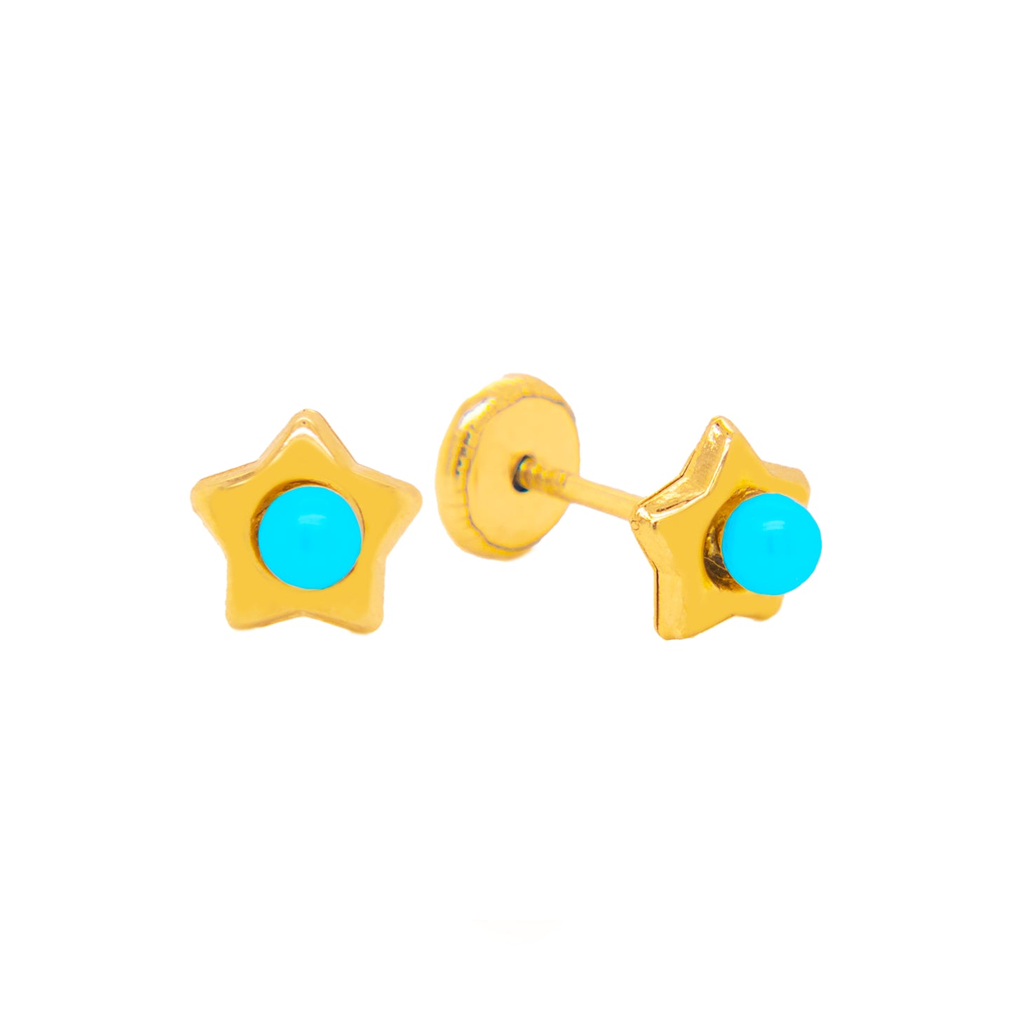 14K Yellow Gold Extra Small Star with Turquoise Center Screwback Earrings