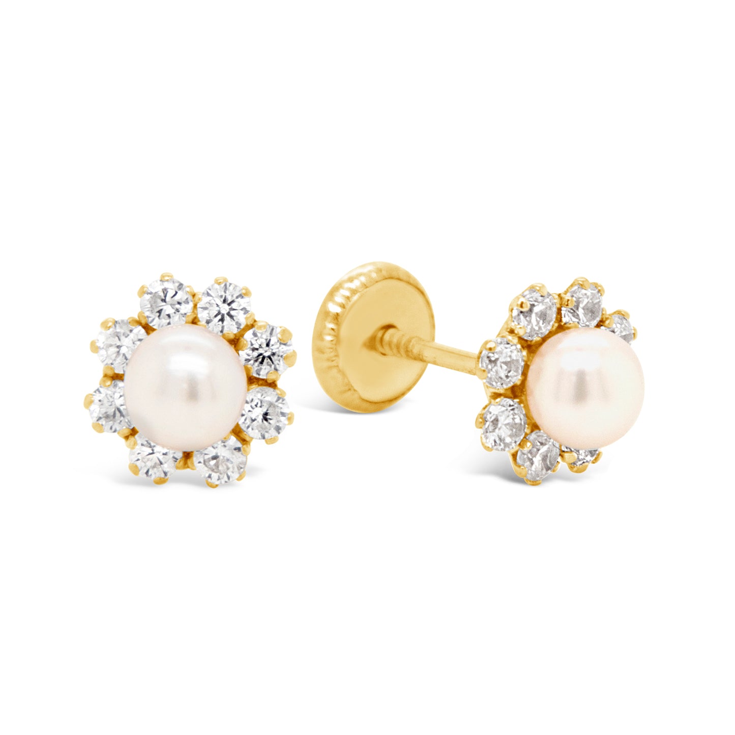 14K Yellow Gold Medium CZ Flower with Pearl Center Screwback Earrings