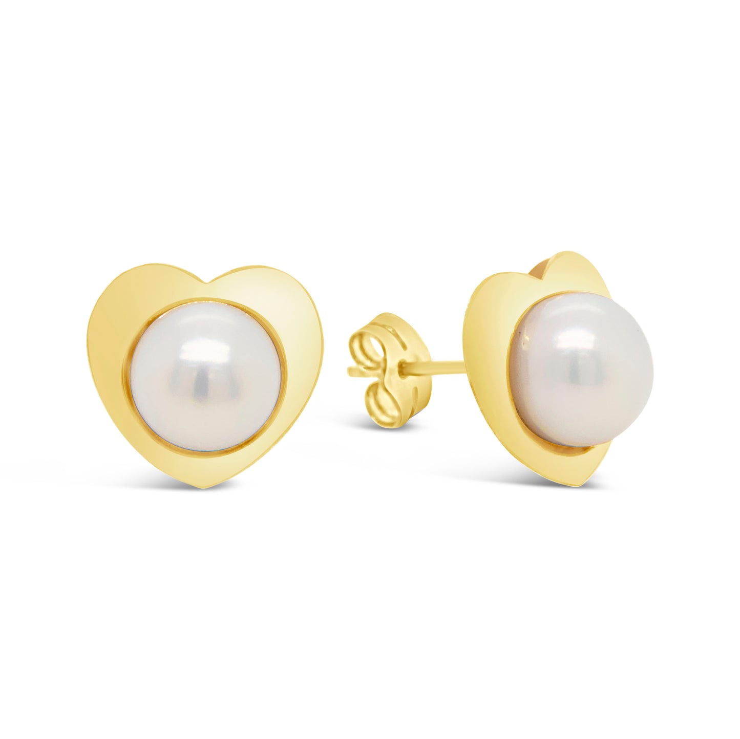 14K Yellow Gold Large Heart with Pearl Center Pushback Earrings