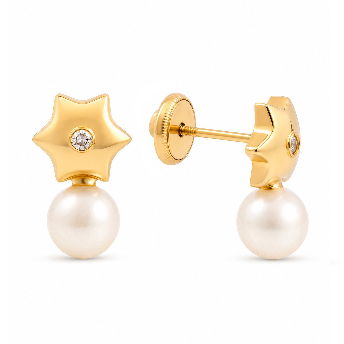 14K Yellow Gold Flower with 5mm Pearl Screwback Earrings
