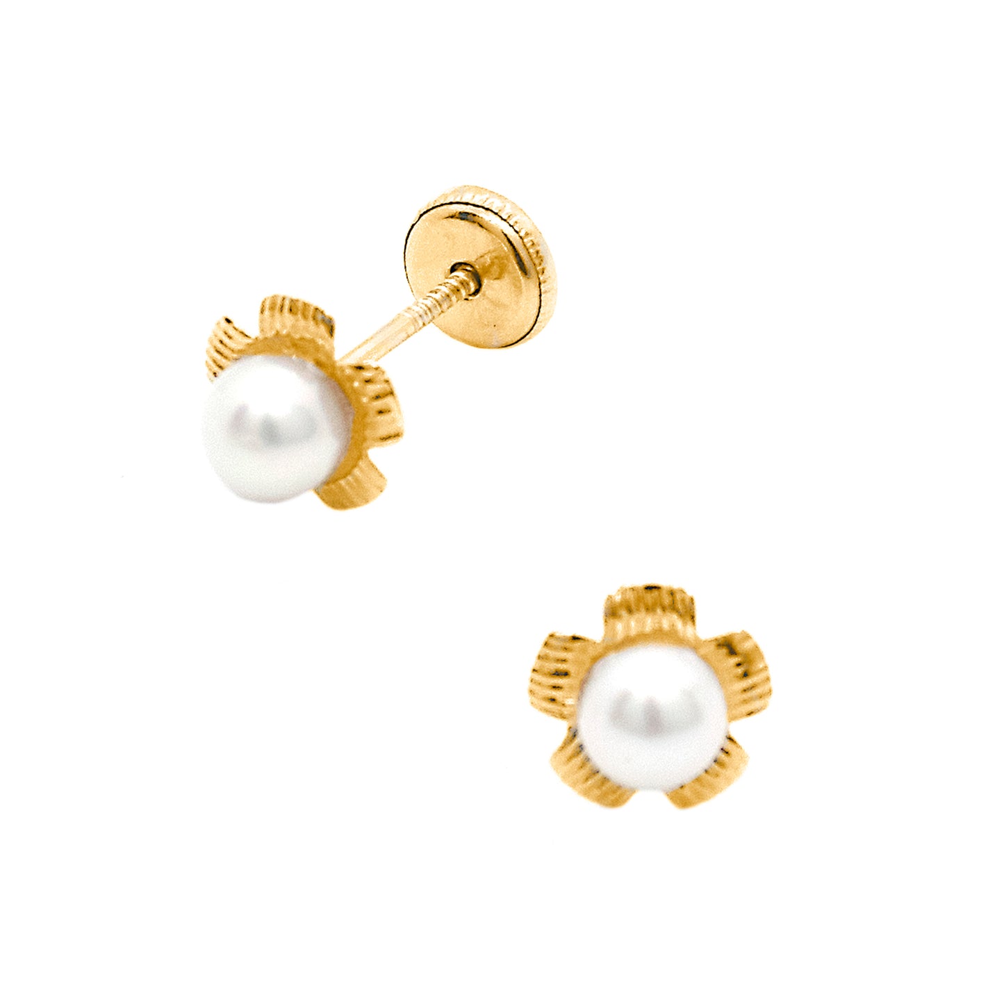 14K Yellow Gold Textured Flower with Pearl Center Pushback Earrings