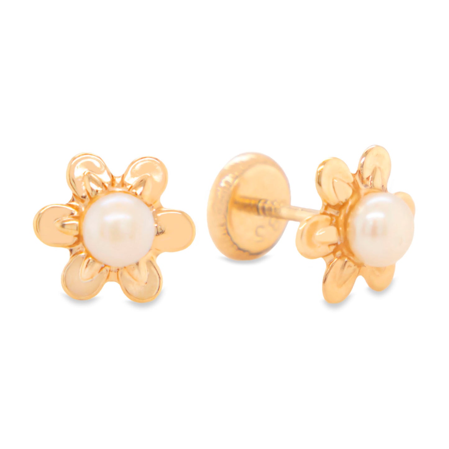 14K Yellow Gold Flower with Pearl Center Screwback Earrings