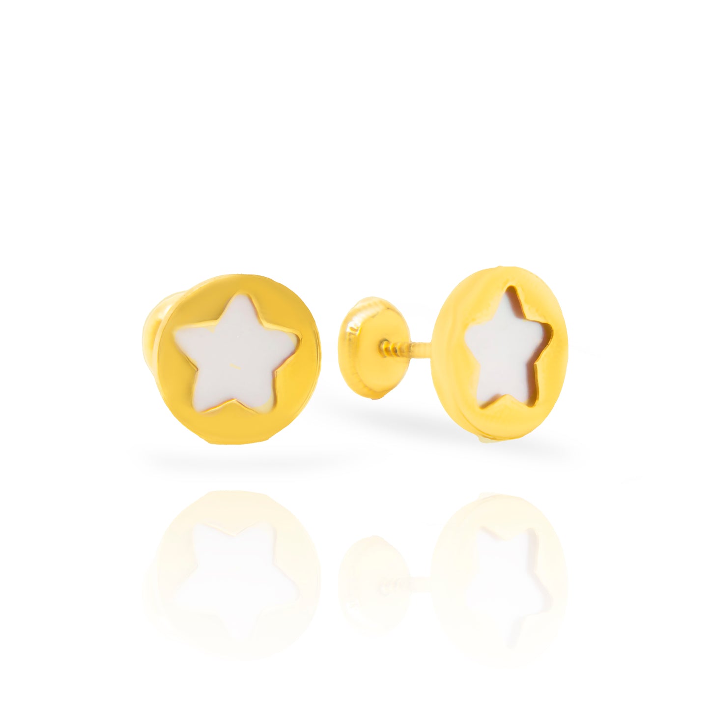 14K Yellow Gold Mother of Pearl Polished Round Star Screwback Earrings