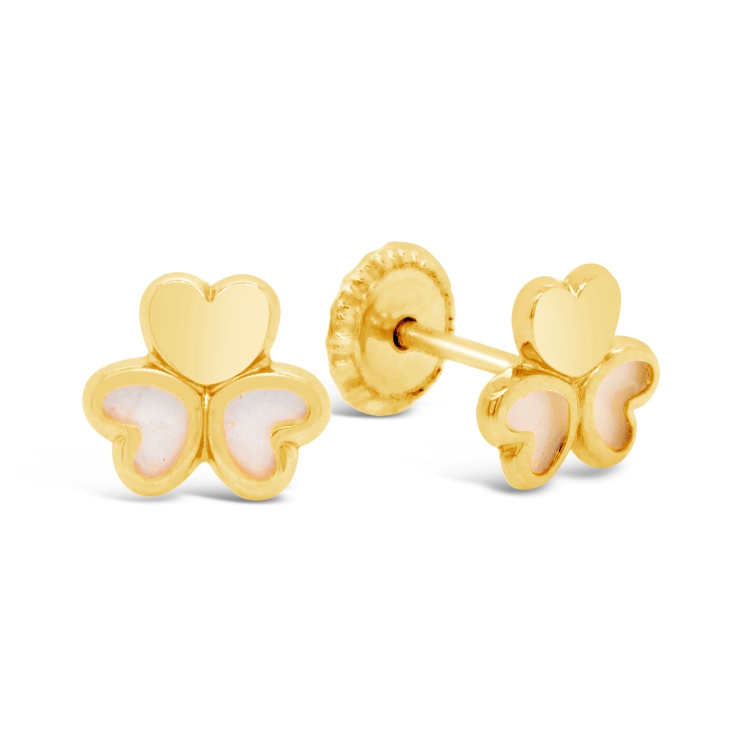 14K Yellow Gold Mother of Pearl Three-Leaf Clover Screwback Earrings