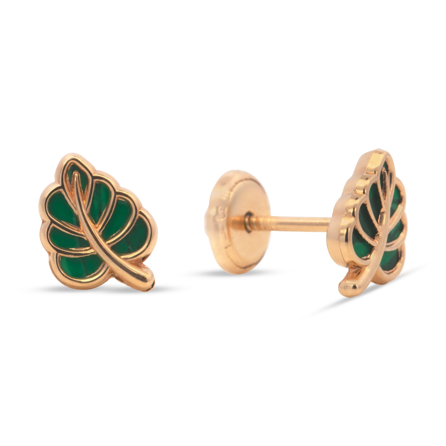 14K Yellow Gold Malachite Leaf Screwback Earrings