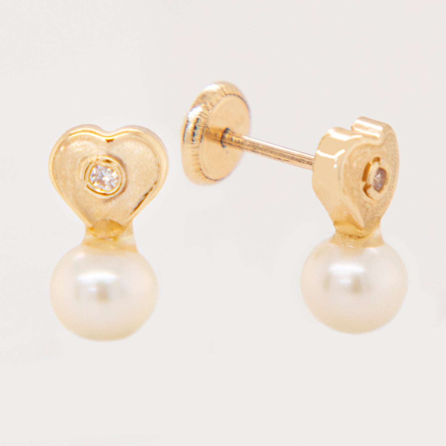 14K Yellow Gold Medium Heart with Mother of Pearl & CZ Accent Screwback Earrings-1