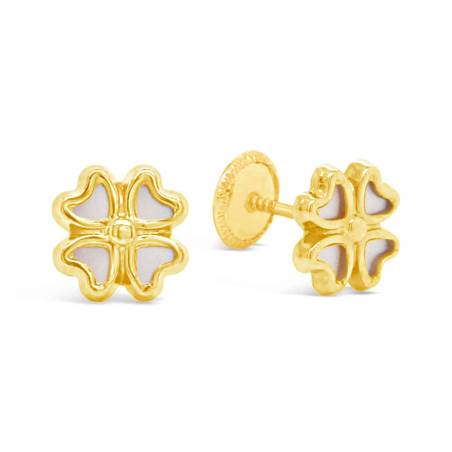 14K Yellow Gold Medium Mother of Pearl Four-Leaf Clover Screwback Earrings
