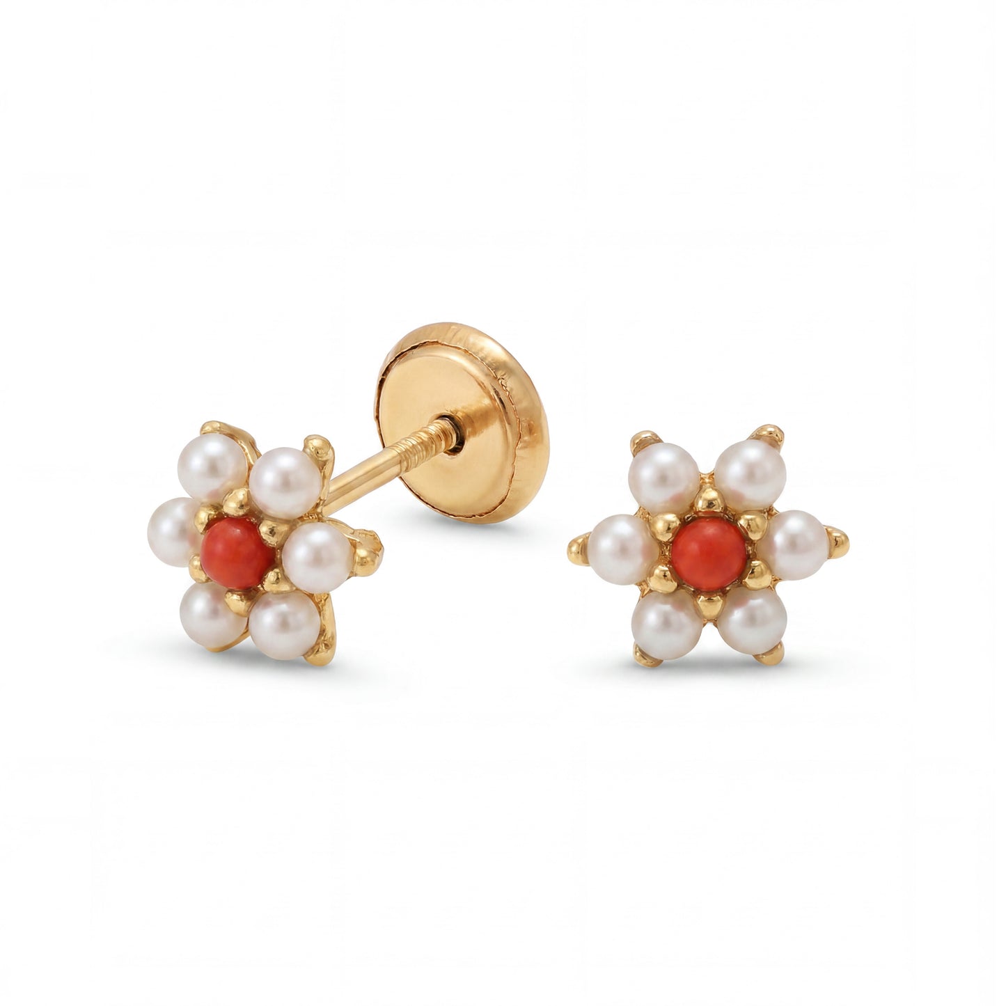 14K Yellow Gold Medium Pearl Flower with Coral Center Screwback Earrings