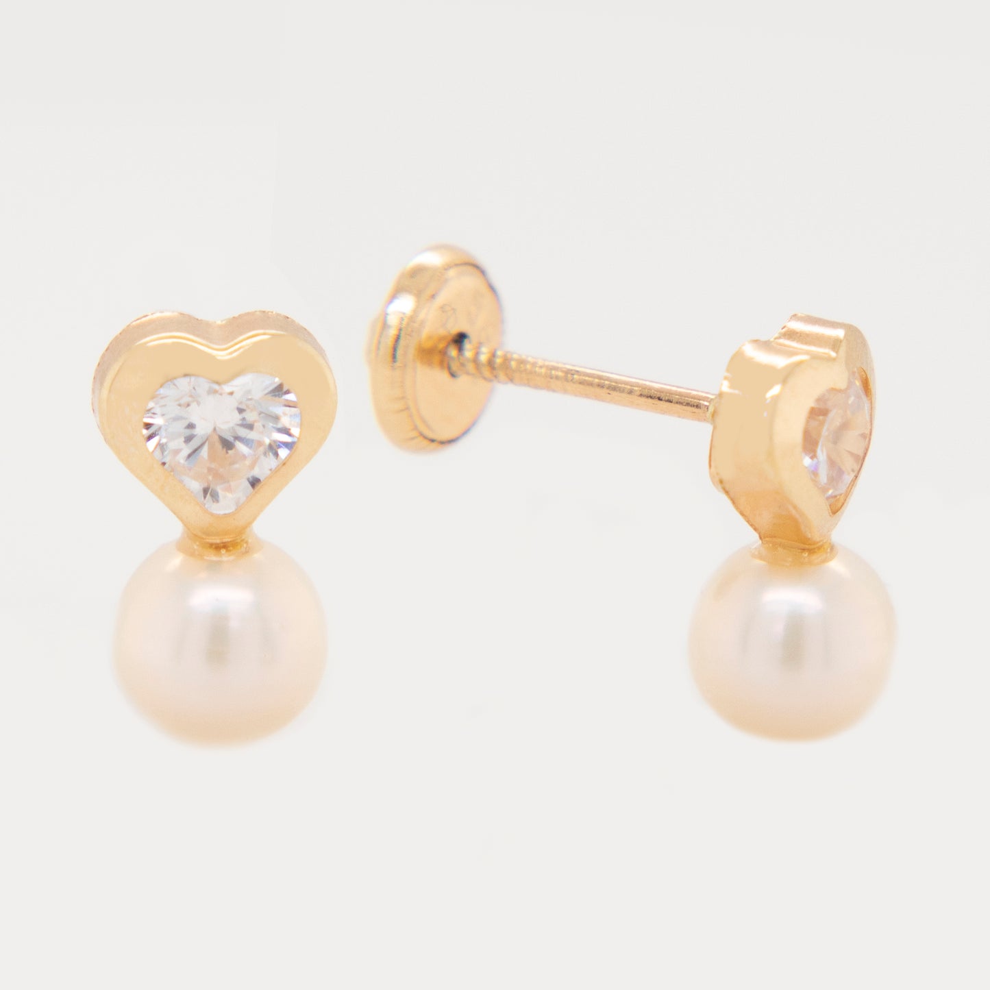 14K Yellow Gold Medium Heart with Pearl & CZ Accent Screwback Earrings