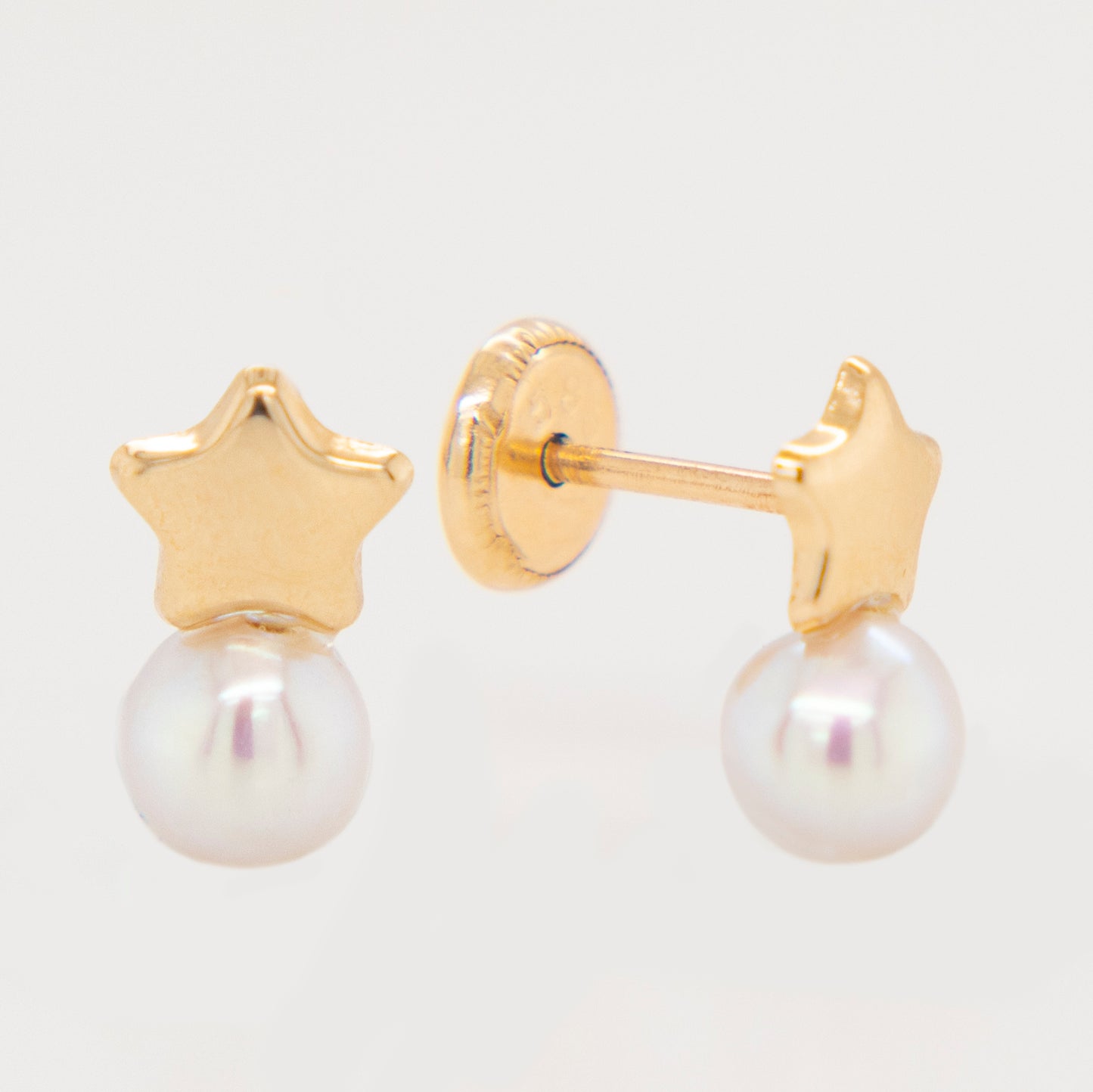 14K Yellow Gold Small Star with Pearl Screwback Earrings