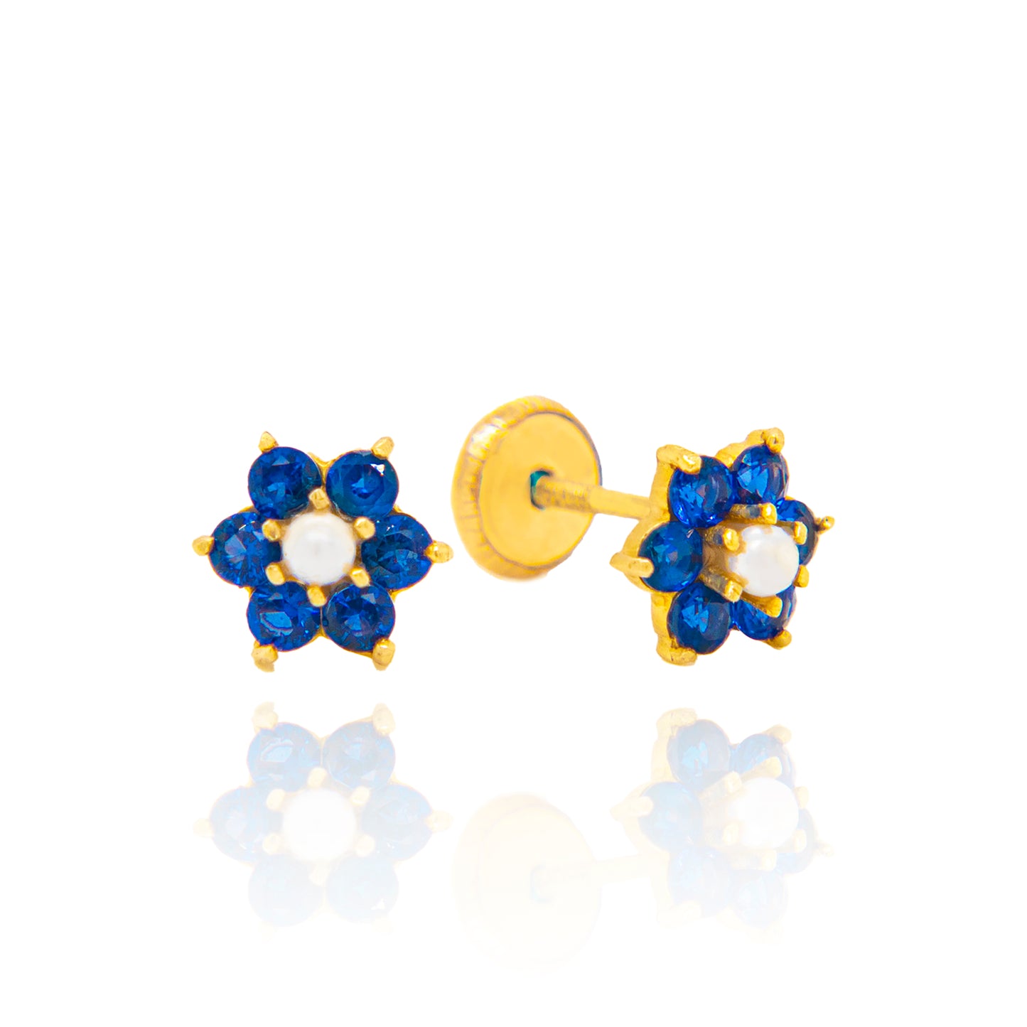 14K Yellow Gold Blue CZ Flower with Pearl Center Screwback Earrings