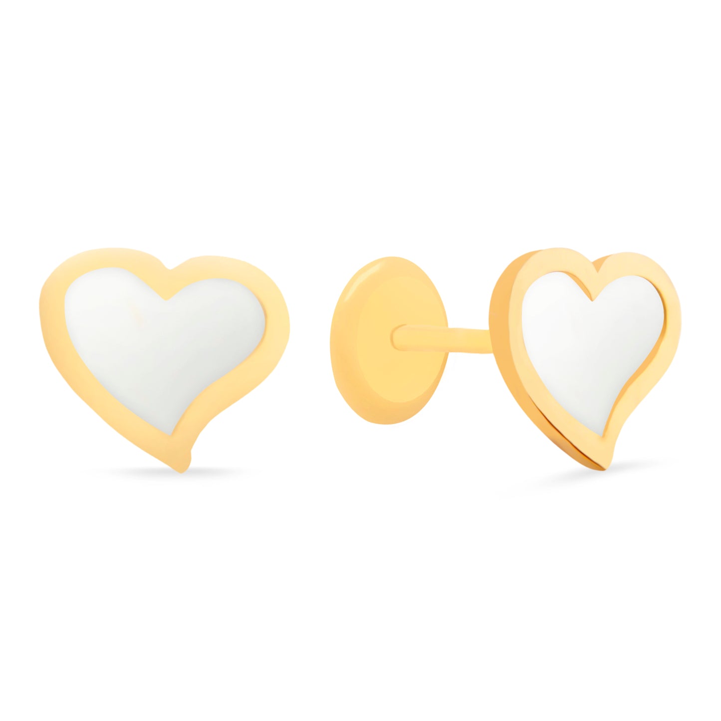 14K Yellow Gold Medium Mother of Pearl Tilted Heart Screwback Earrings