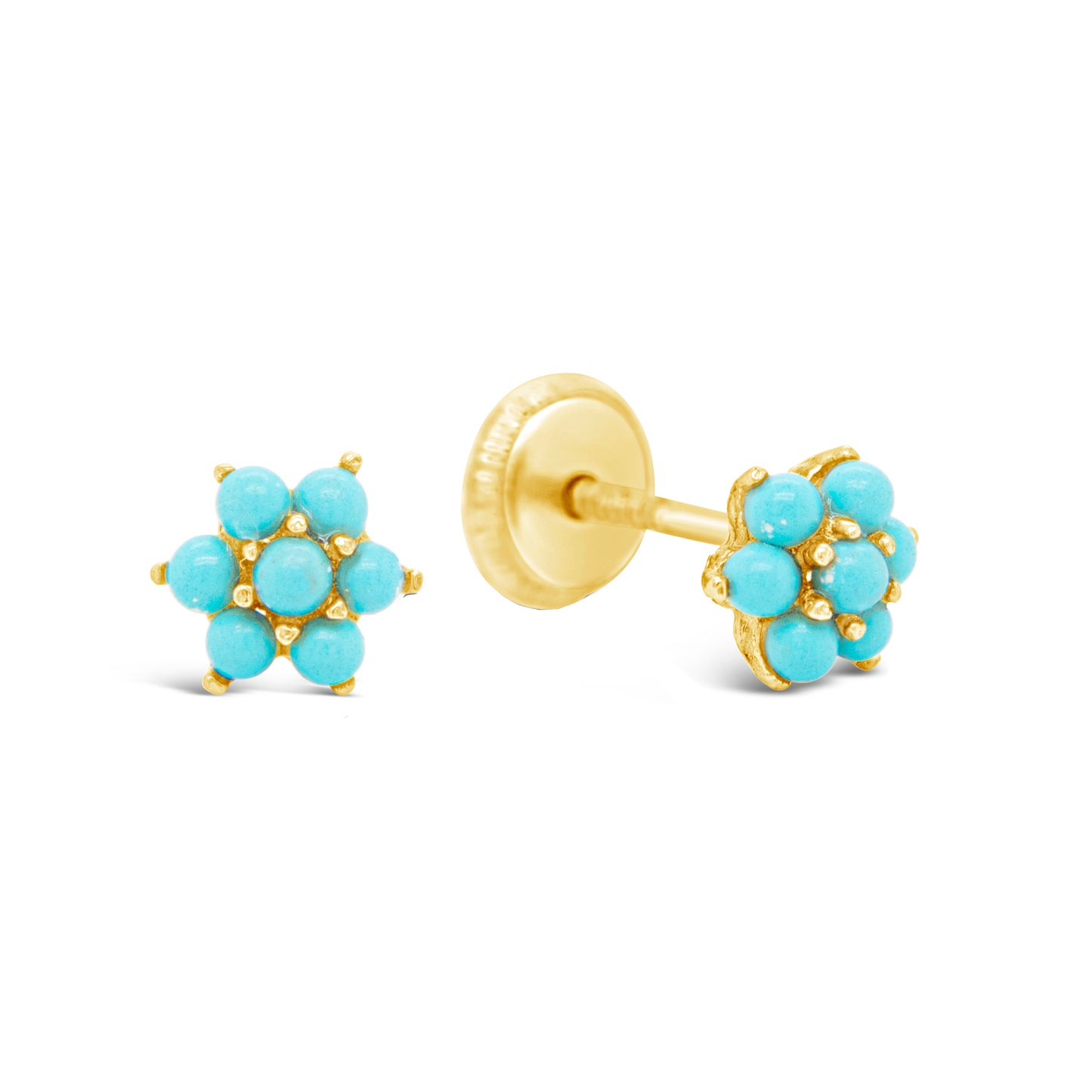 14K Yellow Gold Medium Turquoise Flower Screwback Earrings