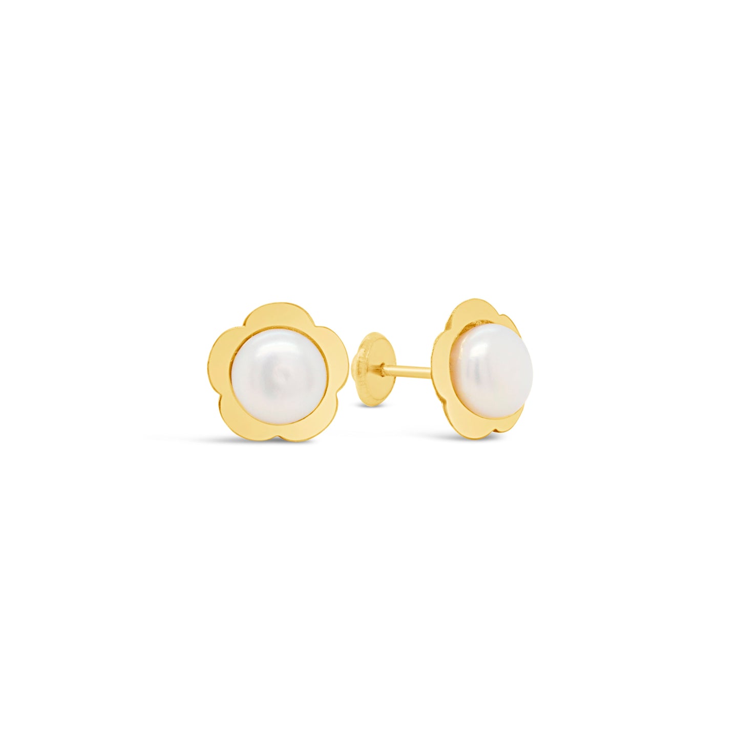 14K Yellow Gold Large Flower with Pearl Center Screwback Earrings