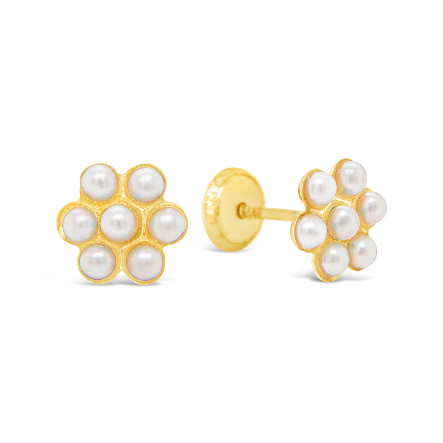 14K Yellow Gold Pearl Flower Screwback Earrings