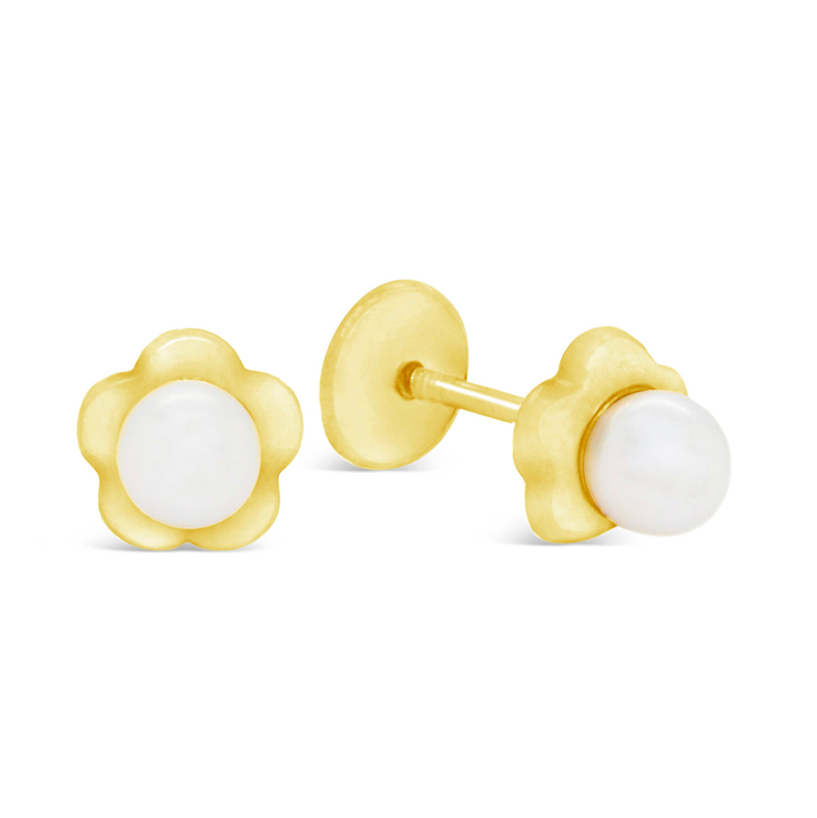 14K Yellow Gold Medium Flower with Pearl Center Screwback Earrings