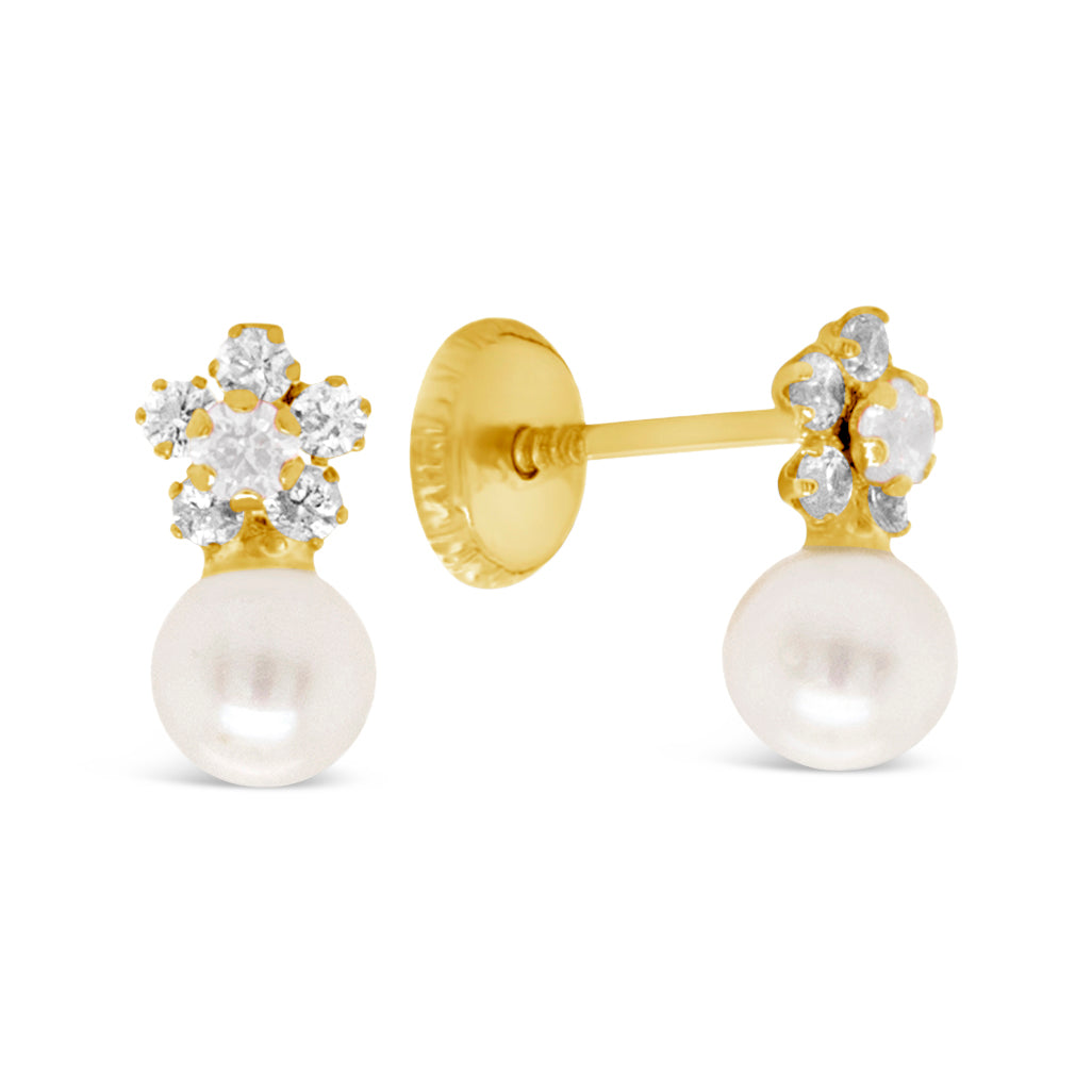 14K Yellow Gold Small White CZ Flower with Pearl Screwback Earrings