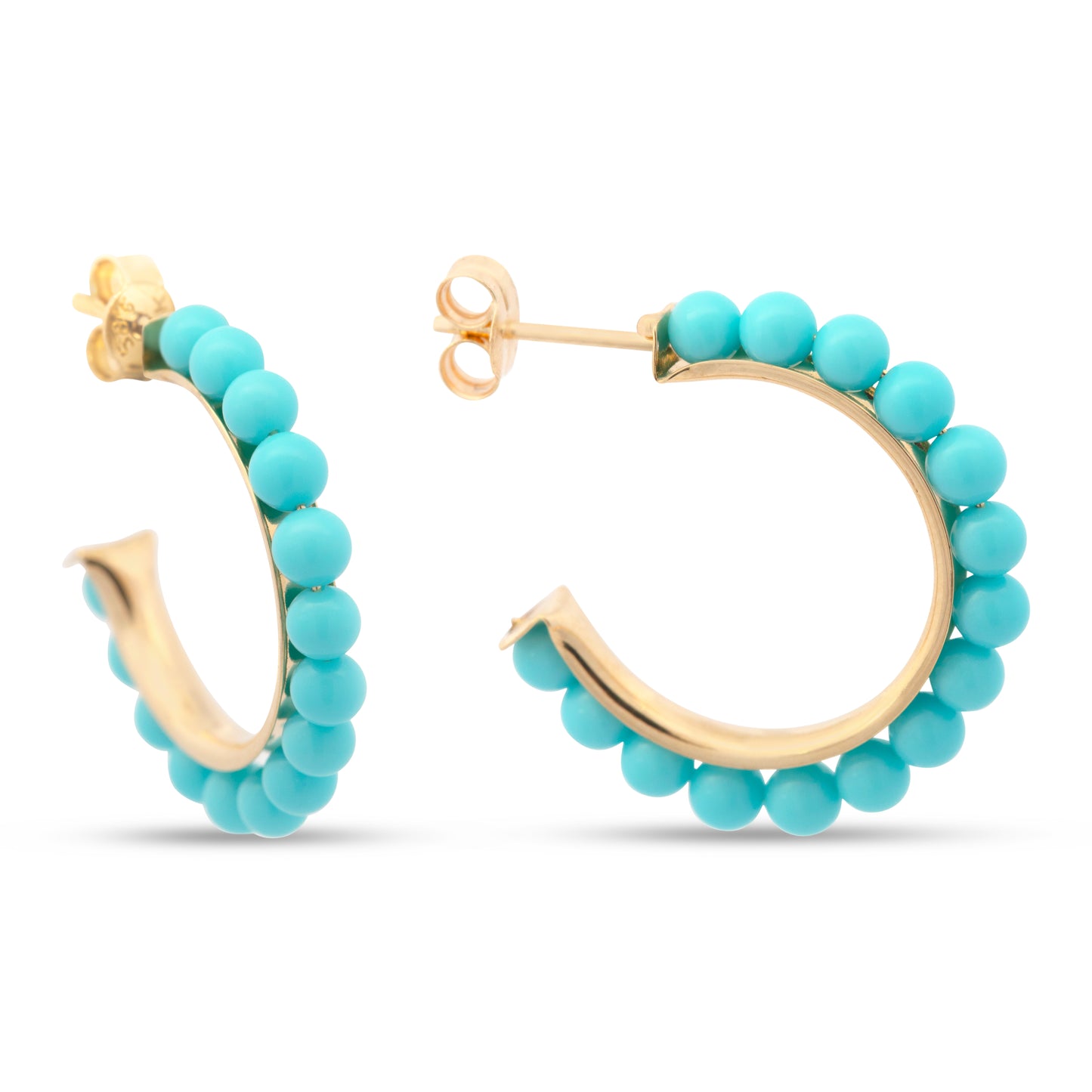 14K Yellow Gold Large Turquoise Cluster C-Hoop Pushback Earrings