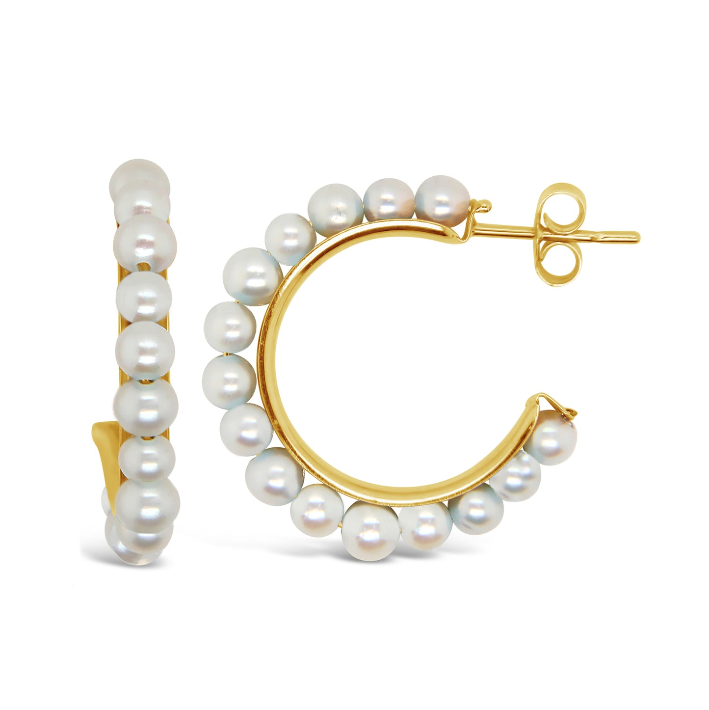14K Yellow Gold Large Pearl Cluster C-Hoop Pushback Earrings