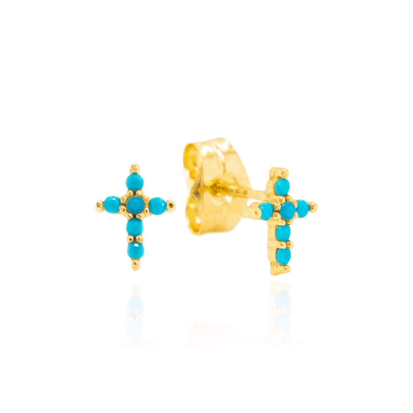 14K Yellow Gold Turquoise Cluster Cross Pushback Earrings