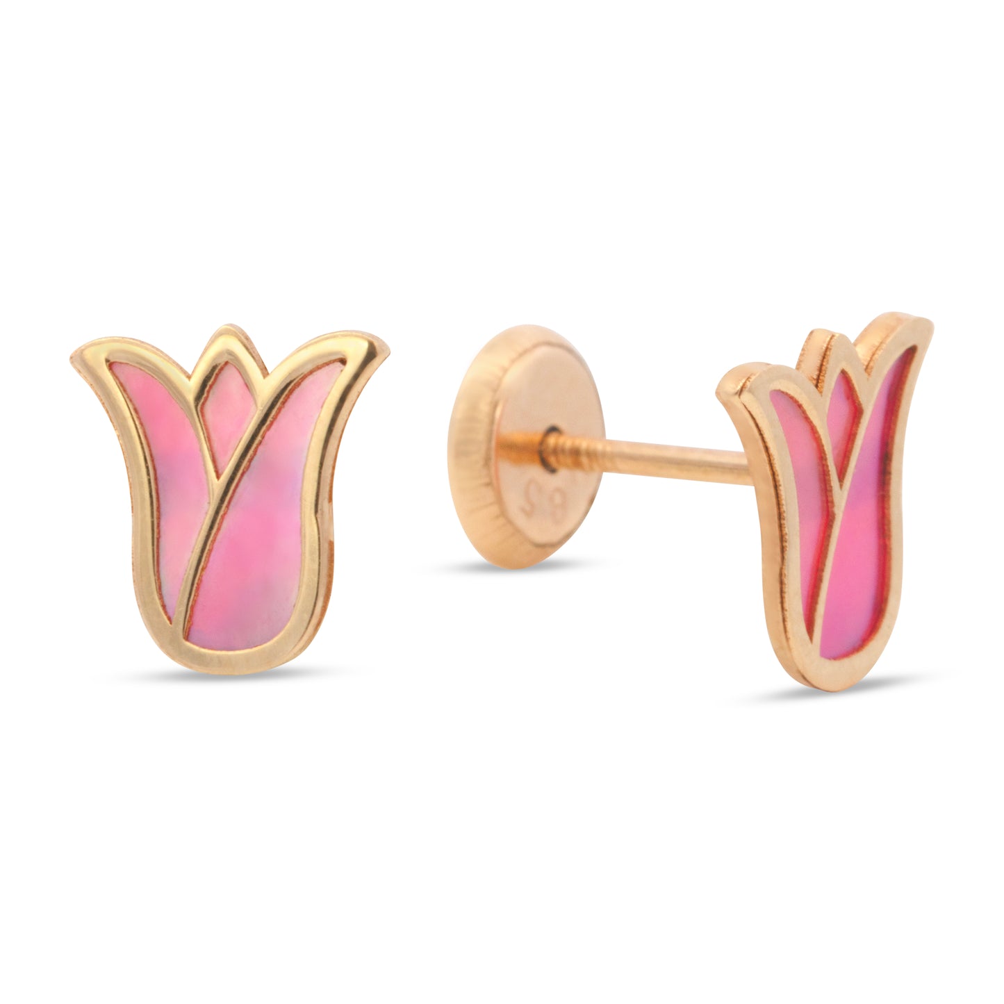 14K Yellow Gold Medium Pink Mother of Pearl Tulip Screwback Earrings