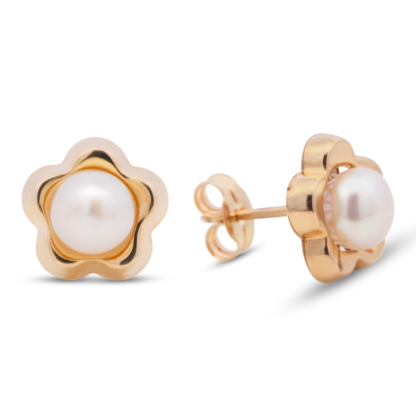 14K Yellow Gold Medium Flower with Pearl Center Pushback Earrings