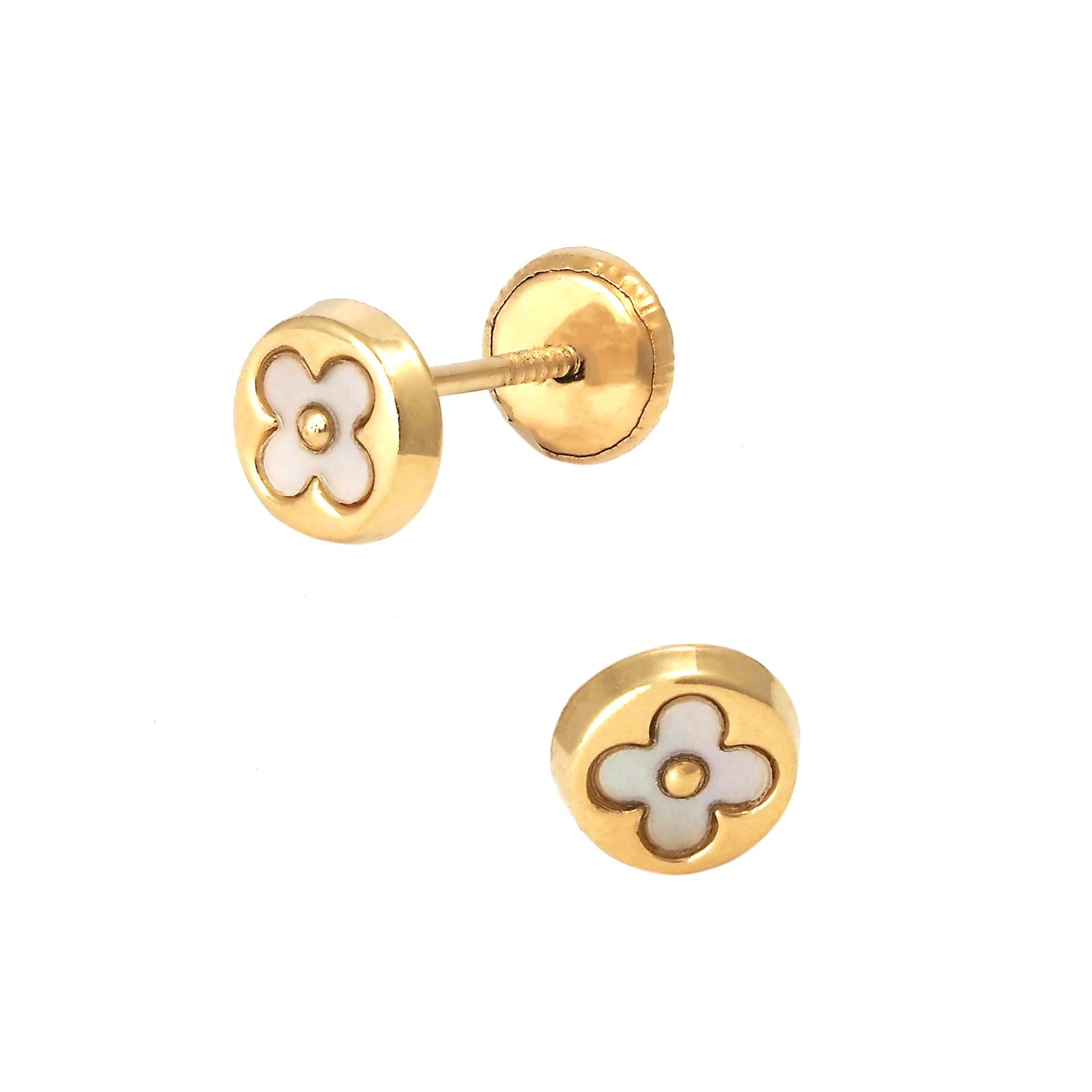 14K Yellow Gold Mother Of Pearl Flower Stud Screwback Earrings