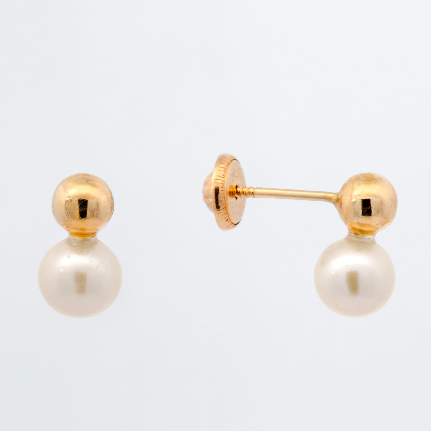 14K Yellow Gold Medium Pearl with Plain Ball On Top Screwback Earrings
