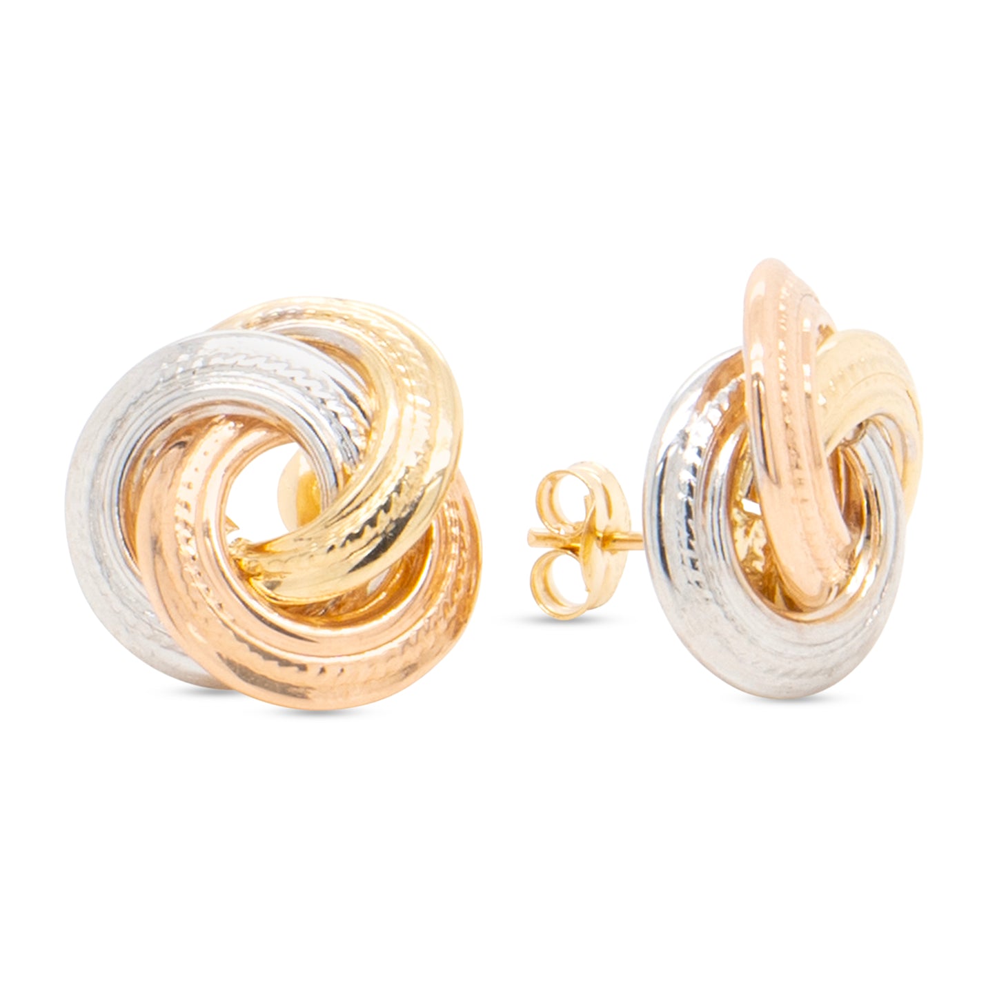 14K Tri-Color Gold Extra Large Detailed Classic Knot Stud Pushback Earrings