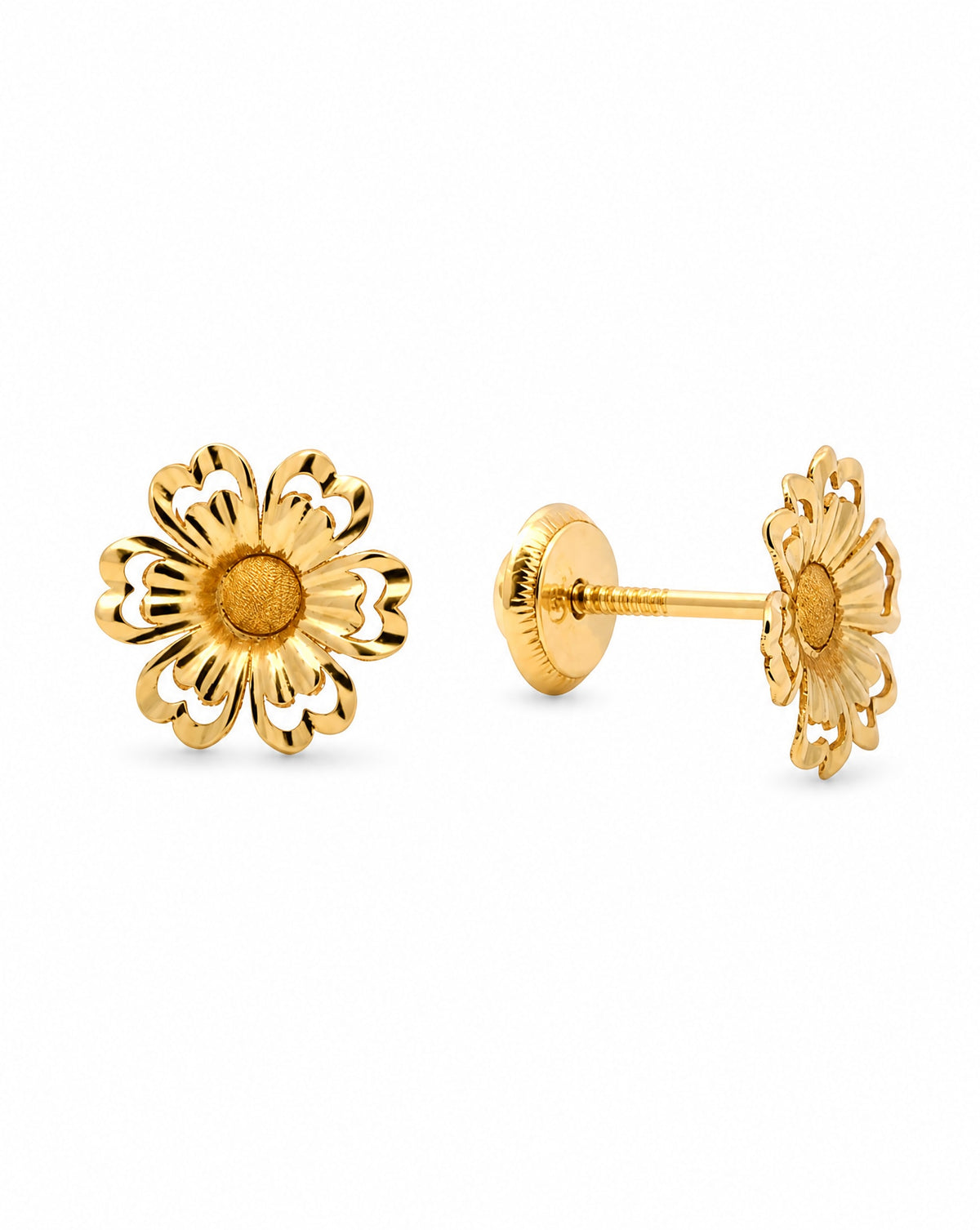 14K Yellow Gold Plain 2D Sunflower Screwback Earring