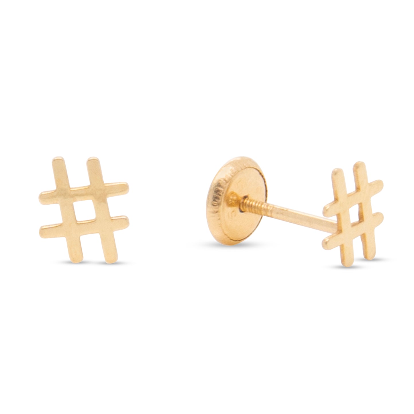 14K Yellow Gold Hashtag Symbol Stud Screwback Earrings
