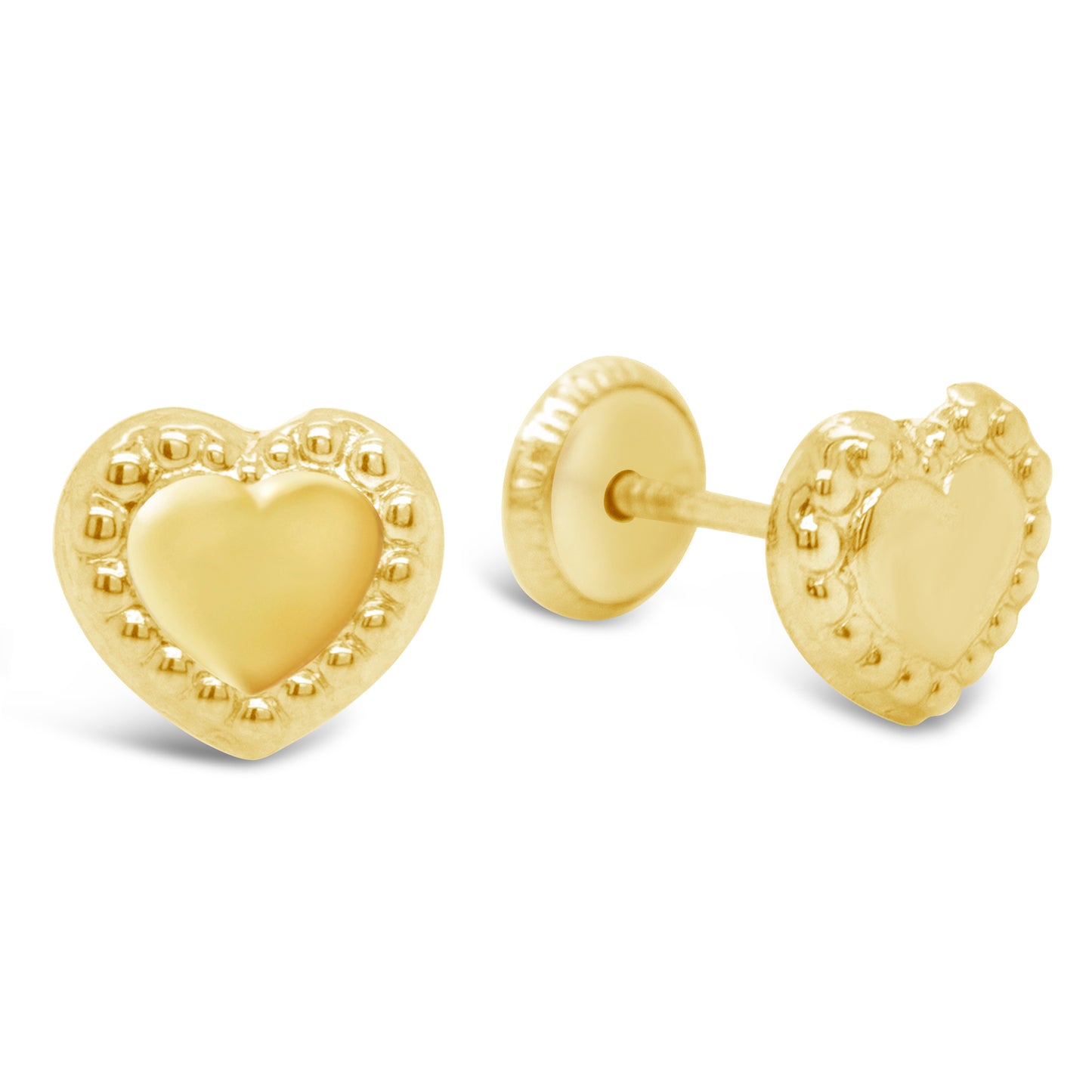 14K Yellow Gold Large Plain Heart With Bezel Details Studs Screwback Earrings