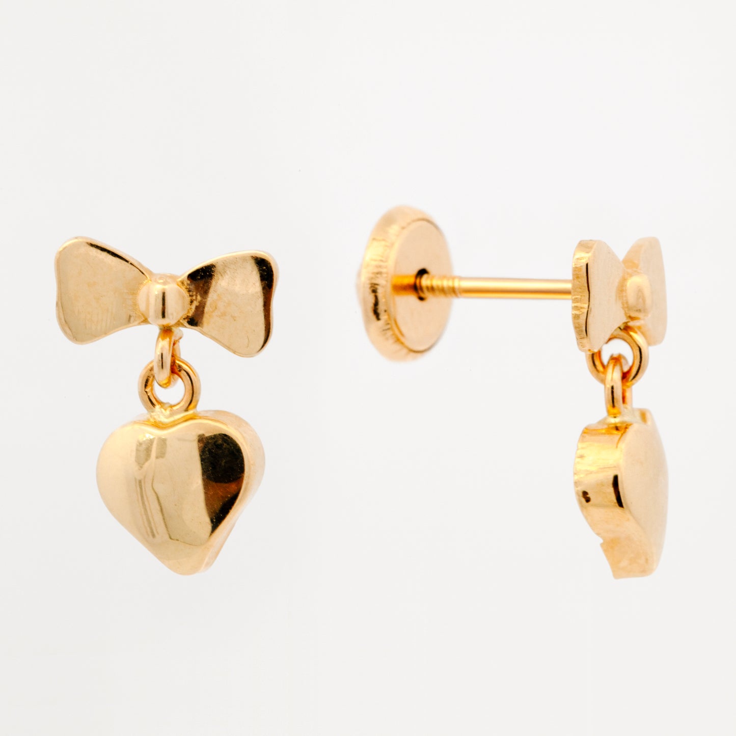 14K Yellow Gold Bow and Dangle Heart Screwback Earring
