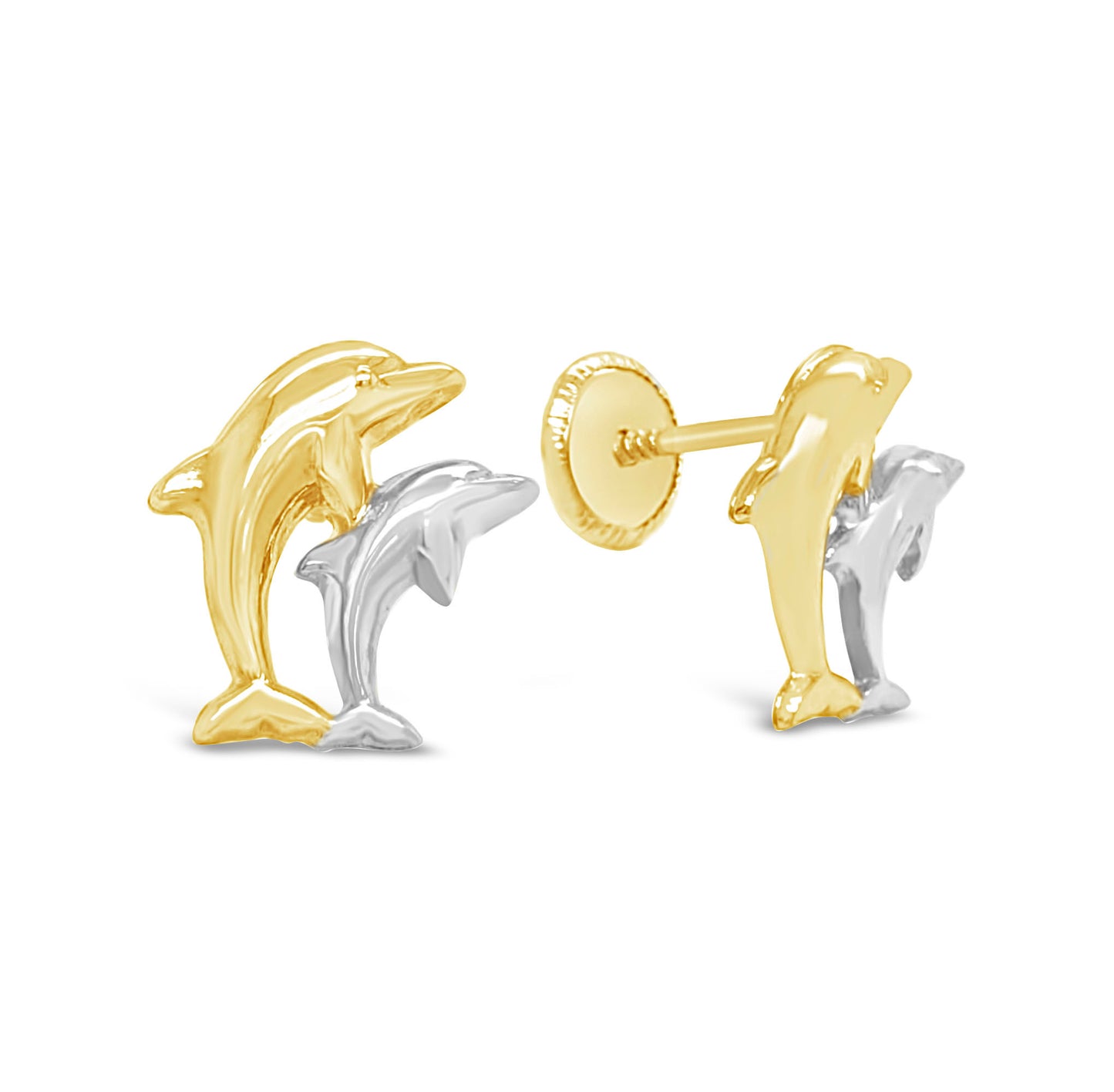 14K Two-Tones Gold Dolphin Duo Screwback Earrings