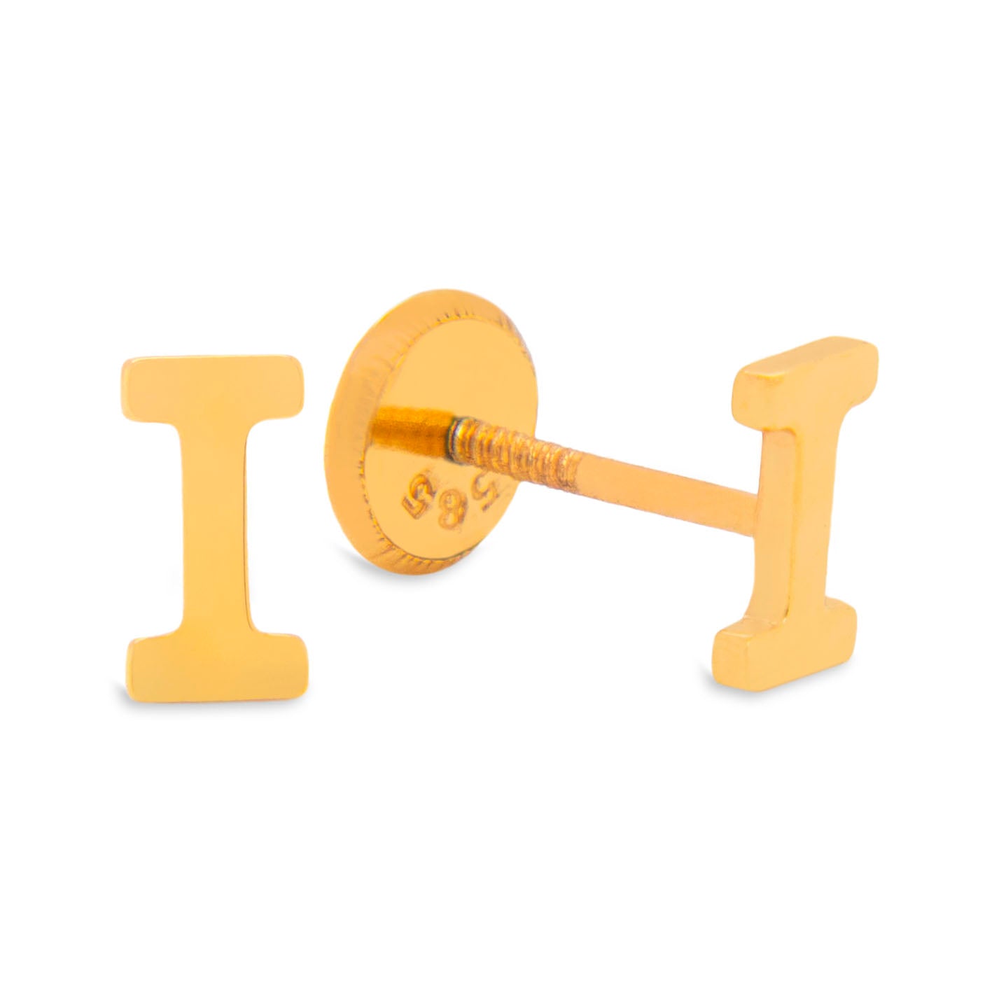 14K Yellow Gold Initial Letter I Stud Pushback Earrings