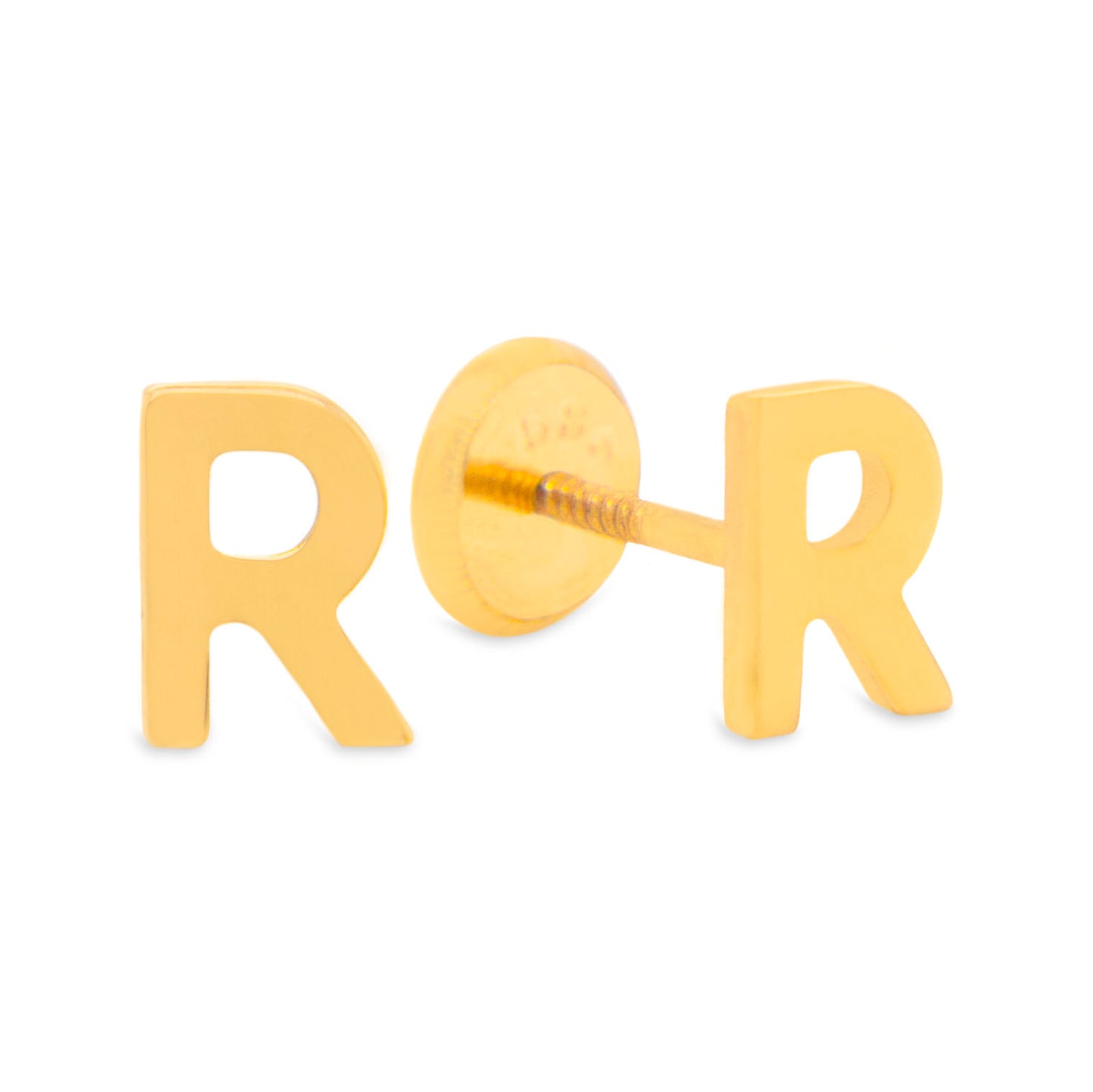 14K Yellow Gold Initial Letter R Stud Pushback Earrings