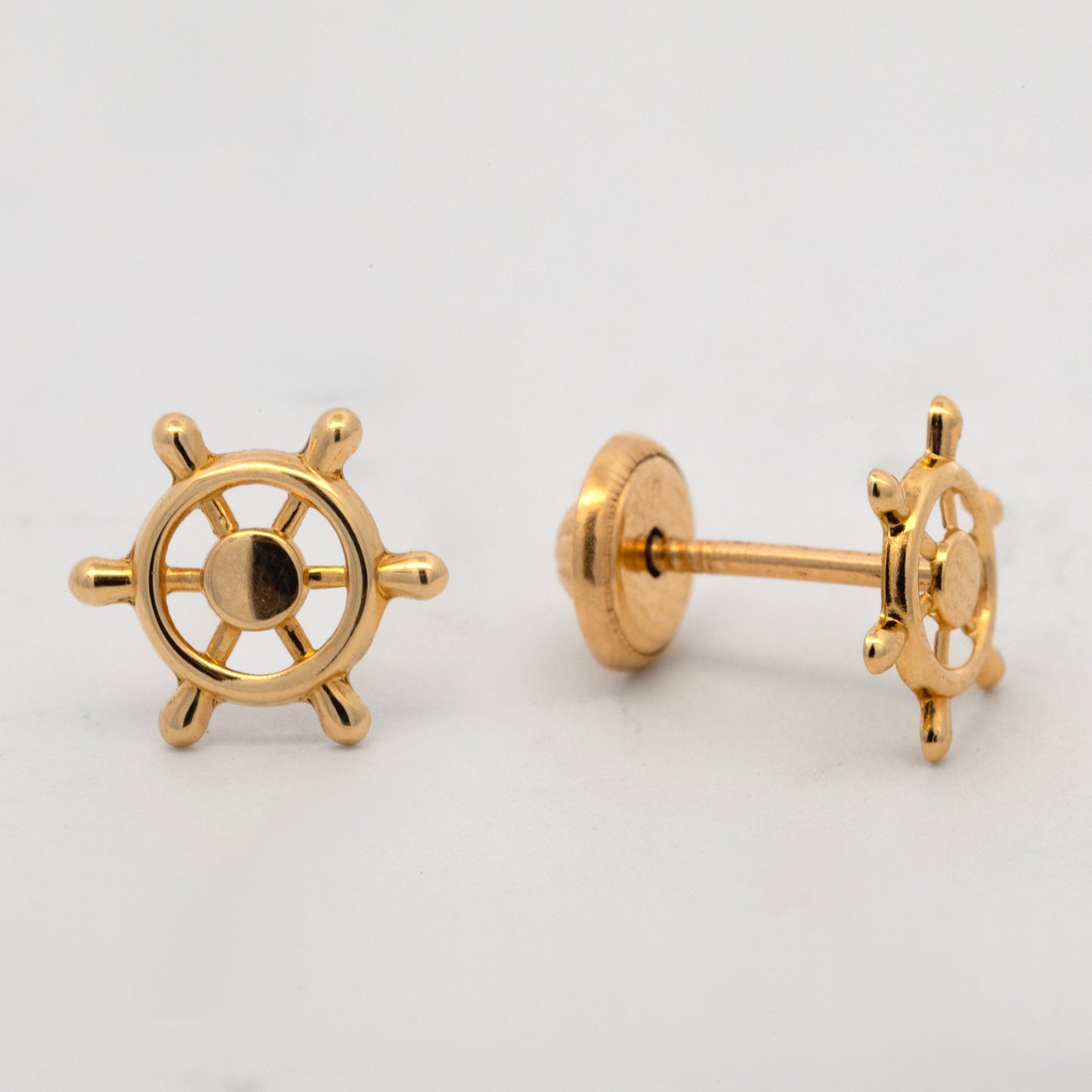 14K Yellow Gold Ship's Wheel Stud Screwback Earrings