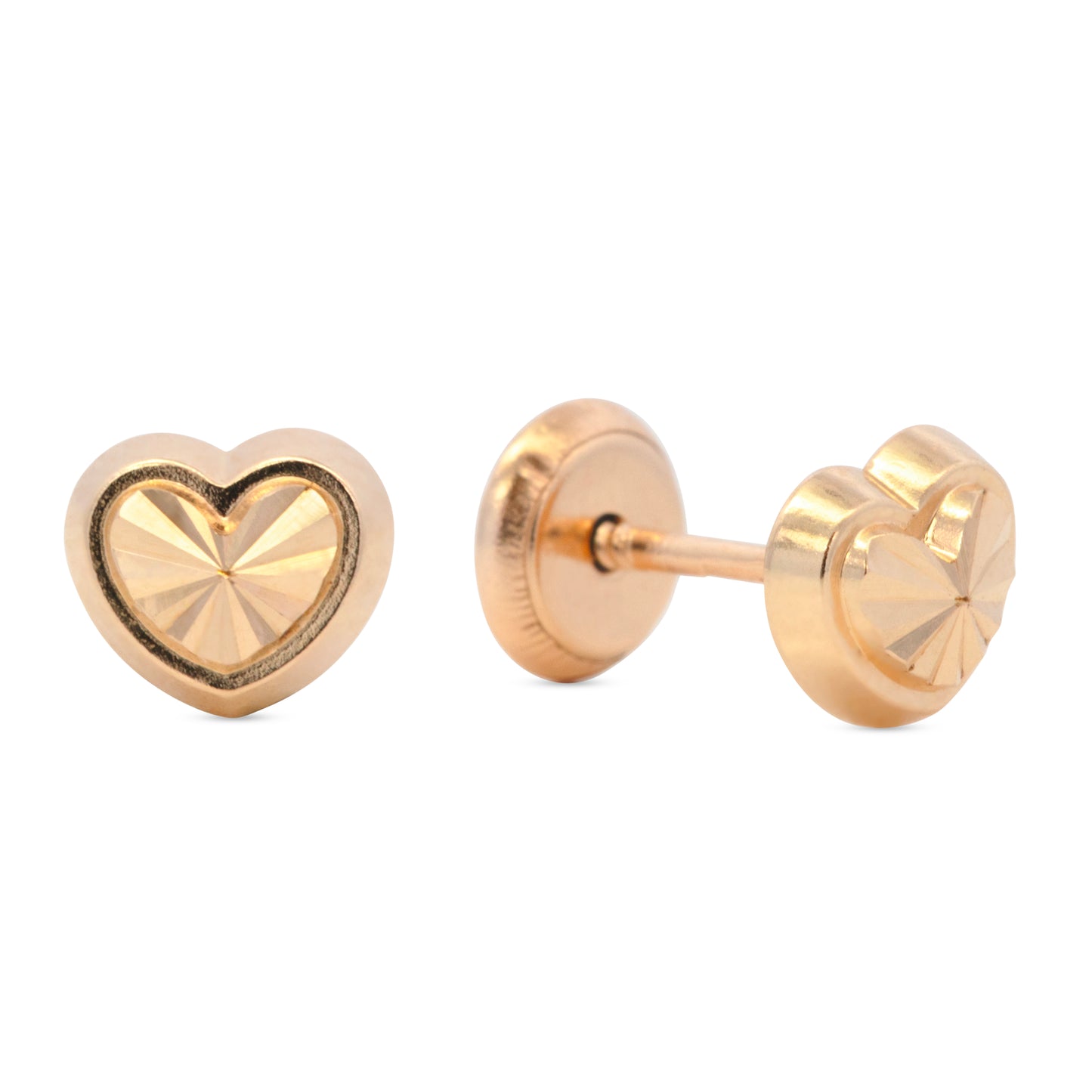 14K Yellow Gold Detailed Small Plain Heart Studs Screwback Earrings